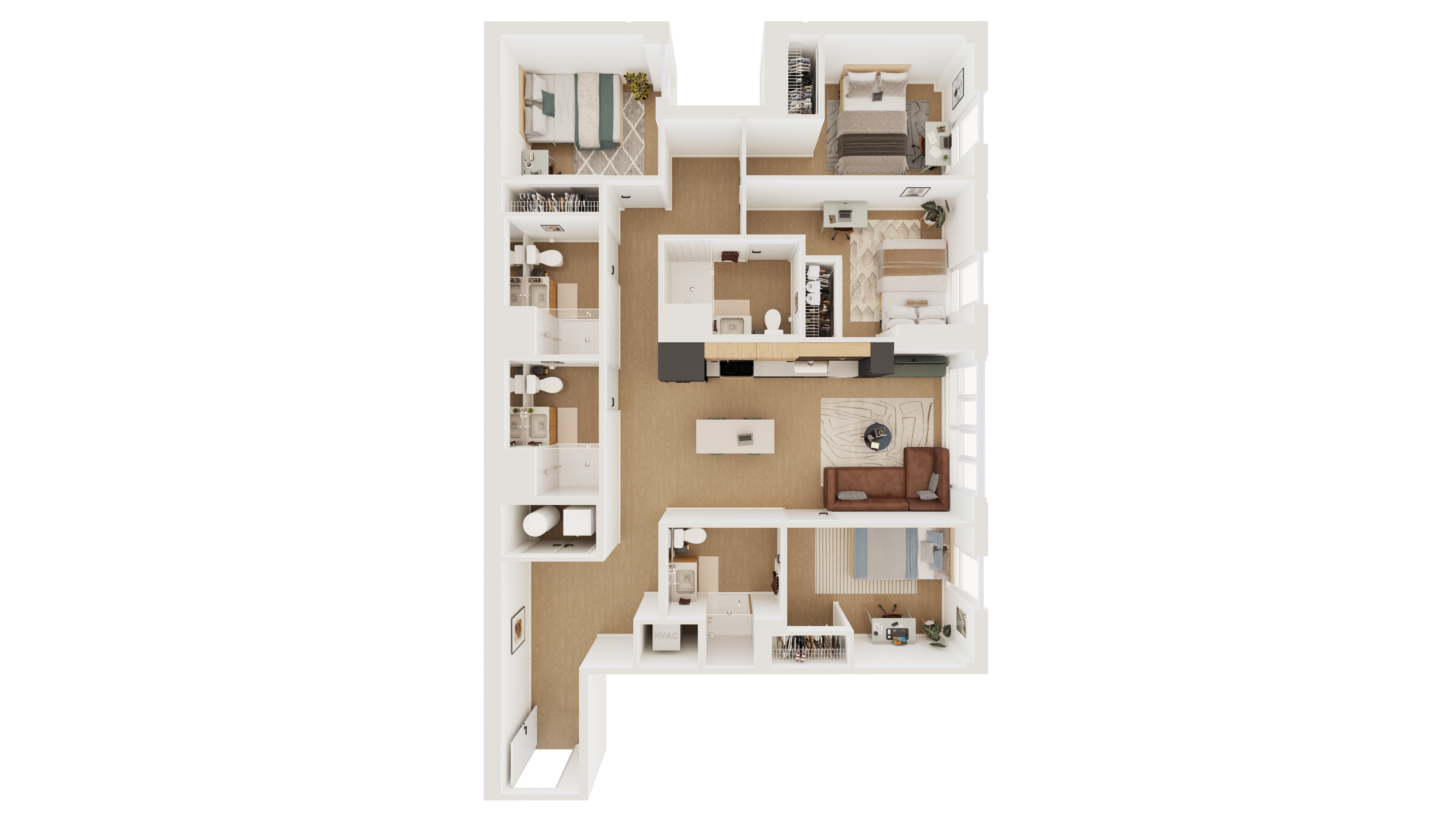 Contemporary 3D floor plan showcasing 3 bedrooms, a spacious open kitchen, and a stylish living area.