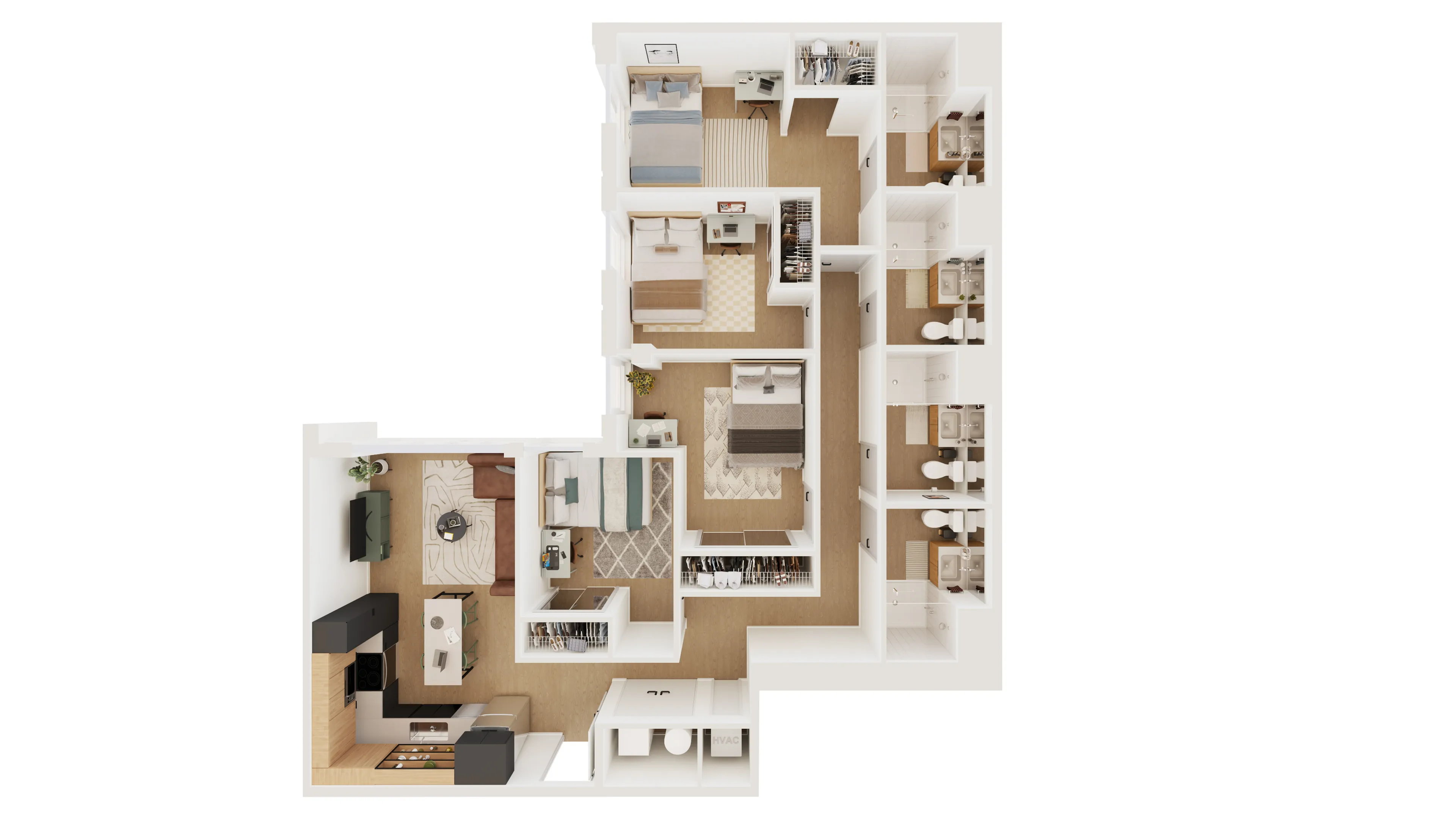 Modern 3D floor plan displaying 3 cozy bedrooms, a sleek kitchen, and a comfortable living area with stylish decor.