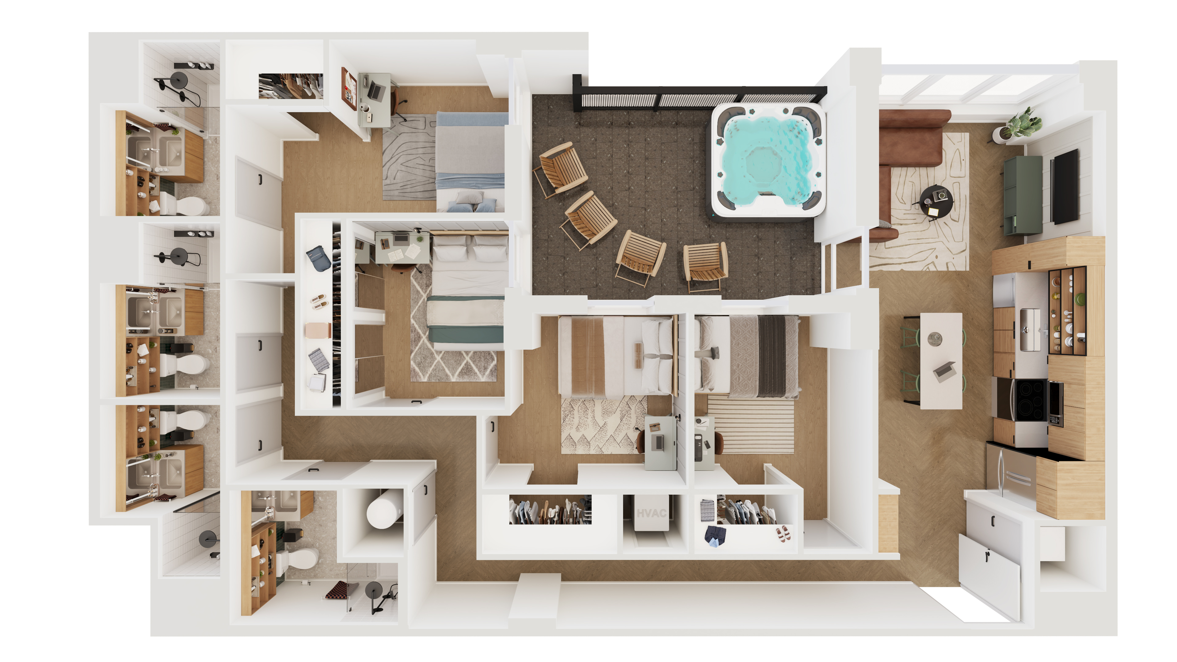 Contemporary spacious 3D floor plan showcasing 3 bedrooms, open living area, and kitchen with sleek design, featuring a private patio with hot tub and seating.