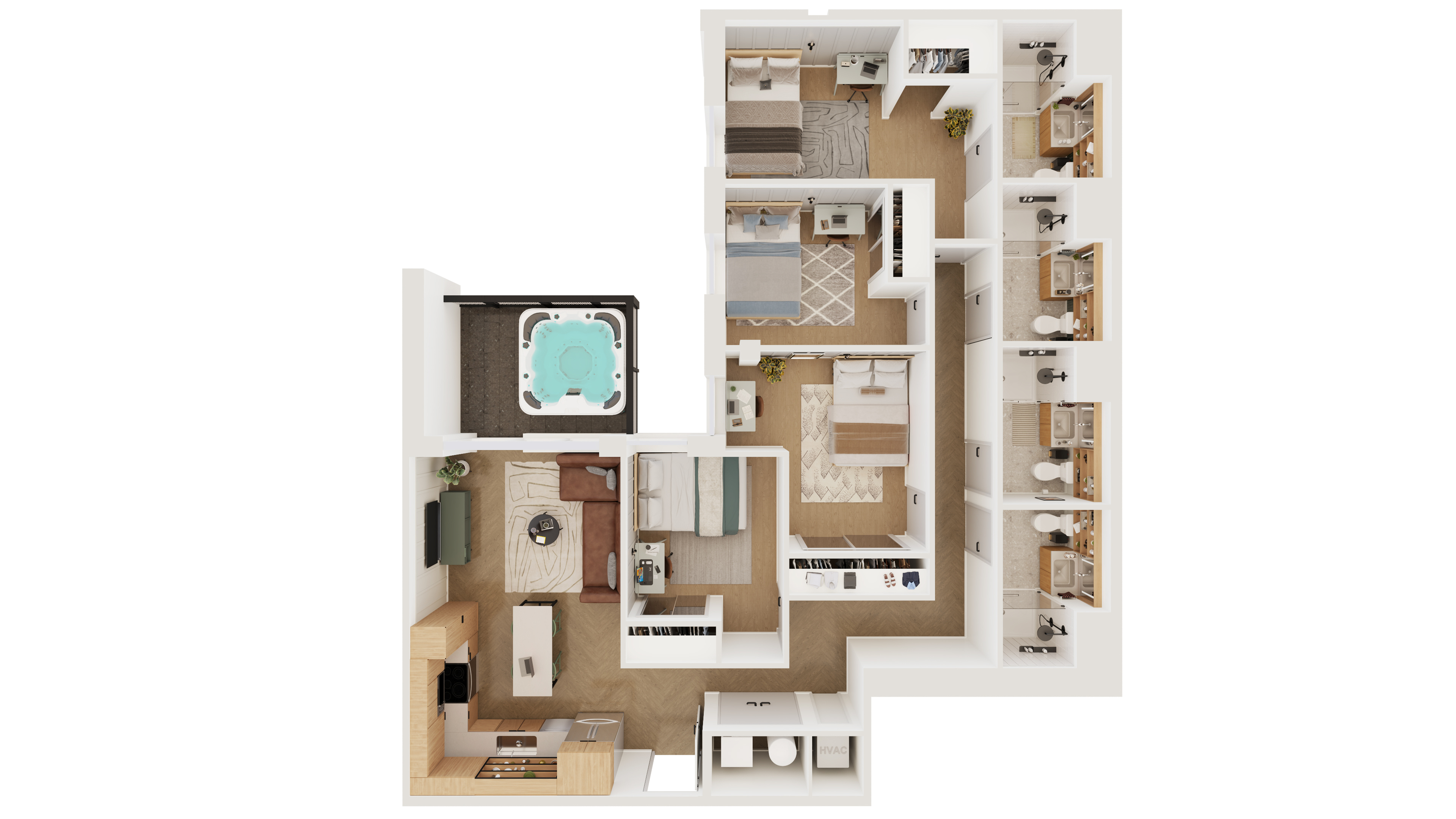Elegant 3D floor plan highlighting three bedrooms, cozy open-concept living room, modern kitchen, and private jacuzzi area.