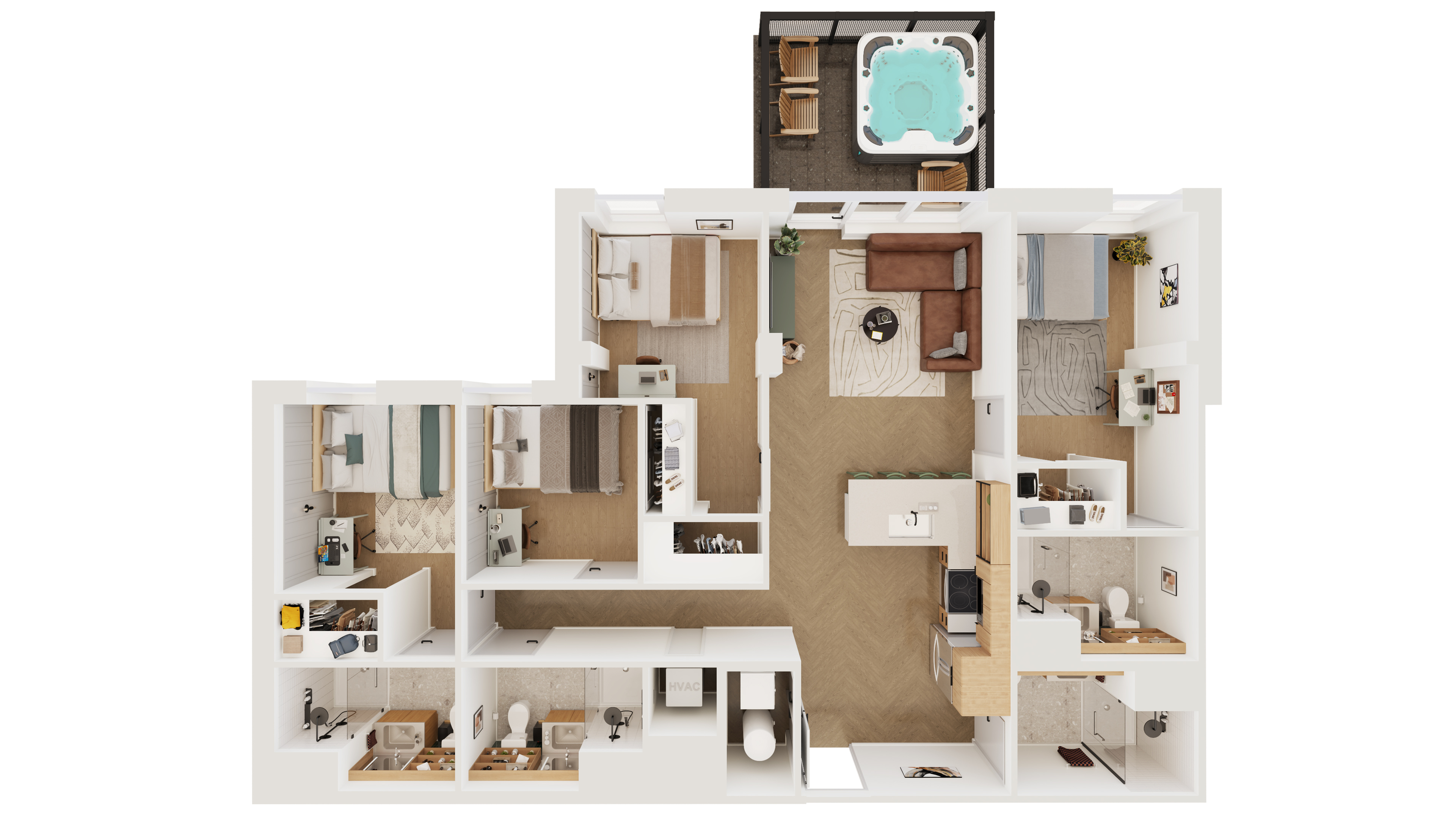 Modern 3D floor plan showcasing a stylish apartment with three bedrooms, a cozy open living area, a sleek kitchen, and a luxurious outdoor patio with a hot tub.