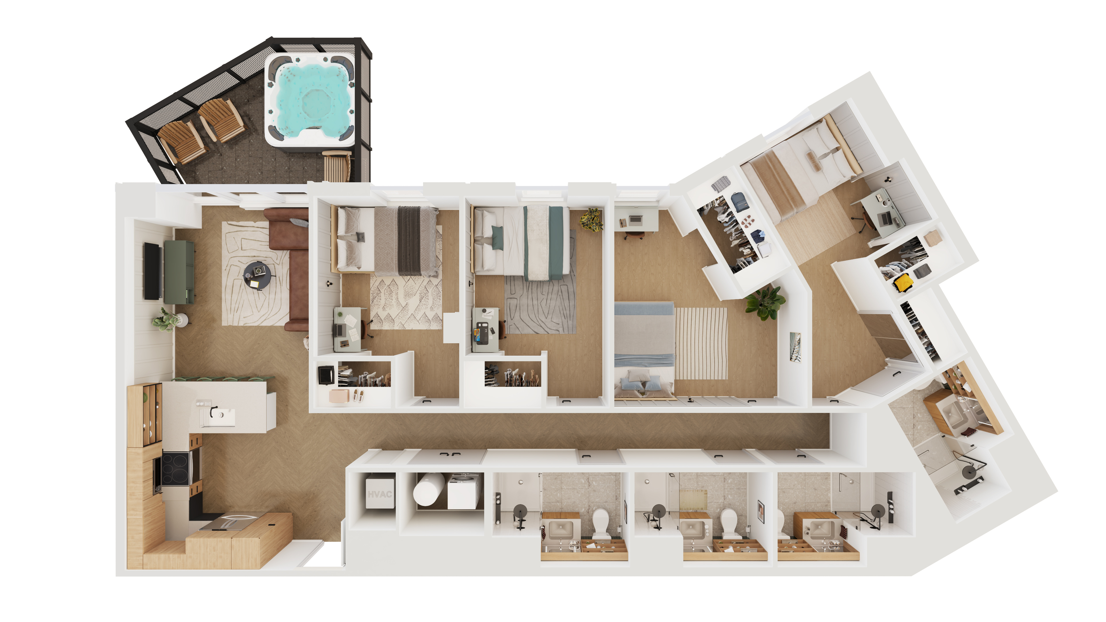 Modern floor plan showcasing 3 bedrooms, spacious open-concept living area, gourmet kitchen, and private patio with hot tub.