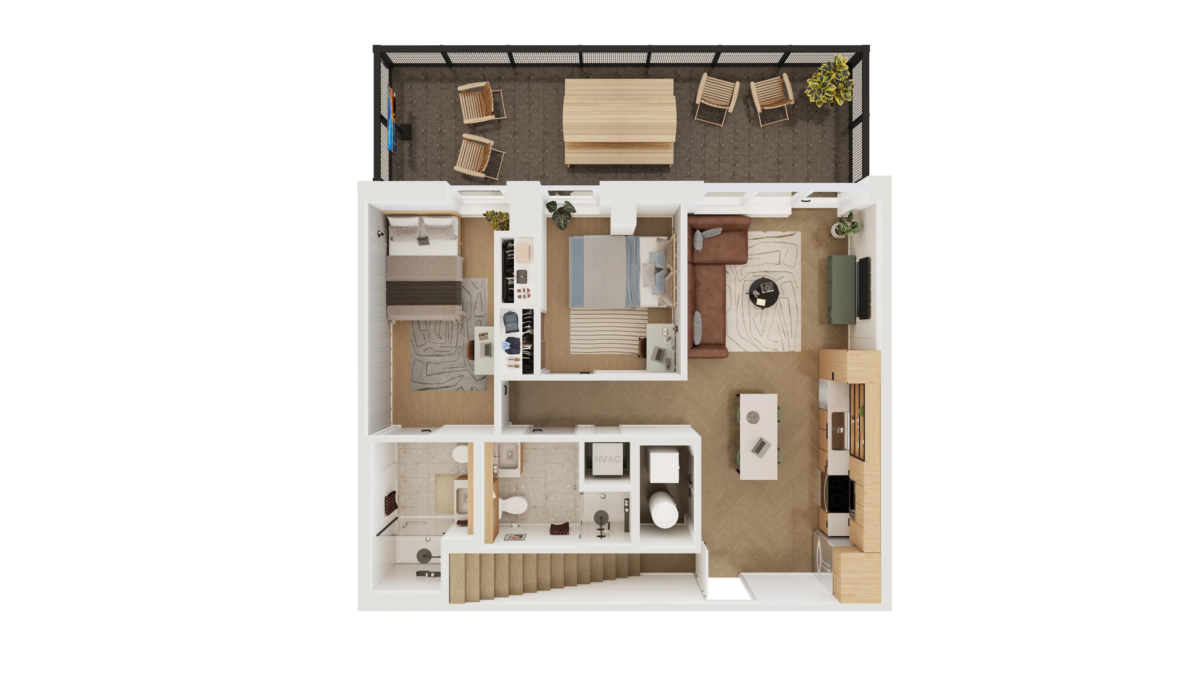 Modern floor plan showcasing an open-concept living space with two bedrooms, stylish kitchen, and inviting balcony area.