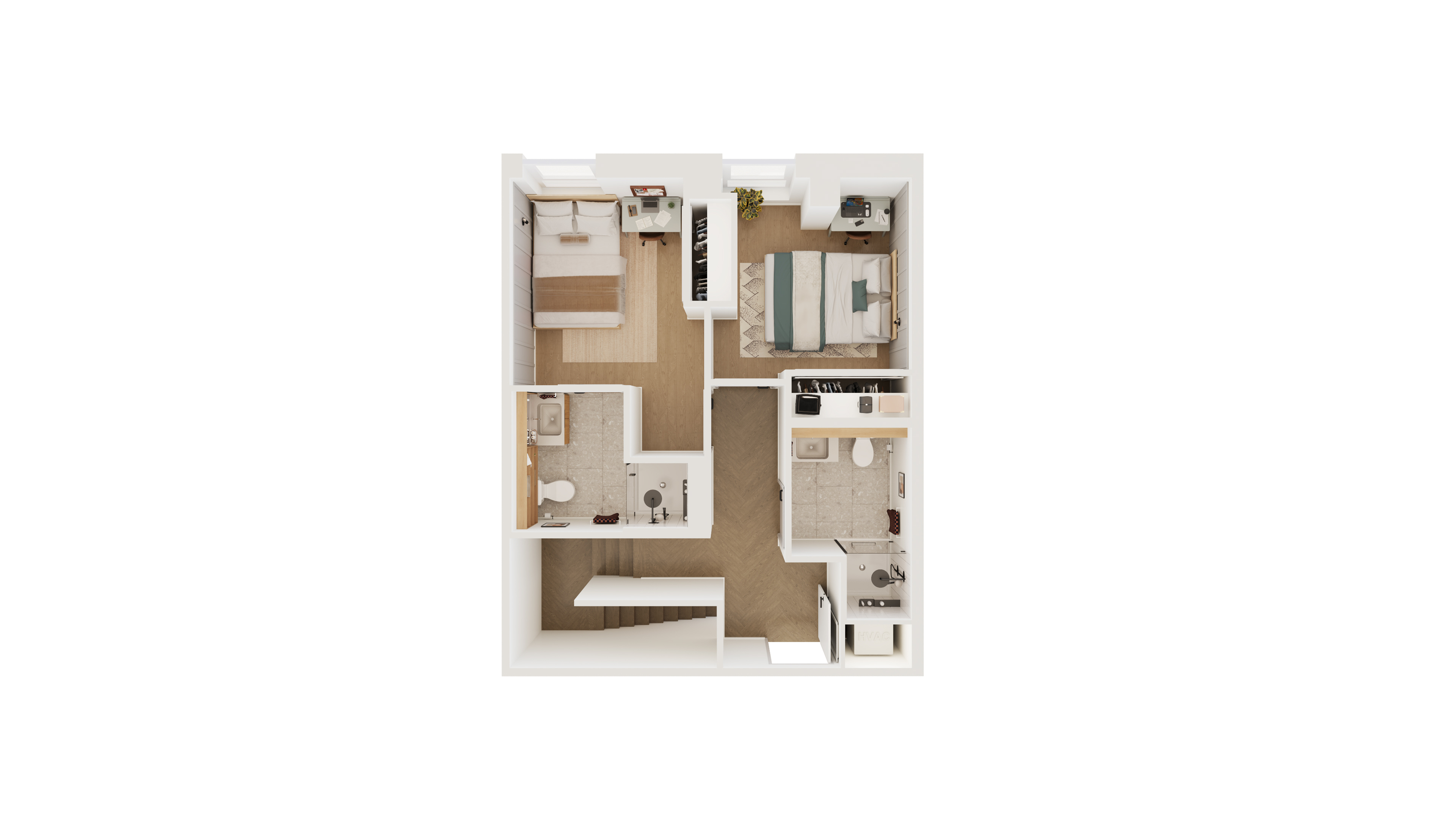Modern apartment floor plan showcasing two bedrooms, a cozy living space, and two stylish bathrooms with an elegant layout.