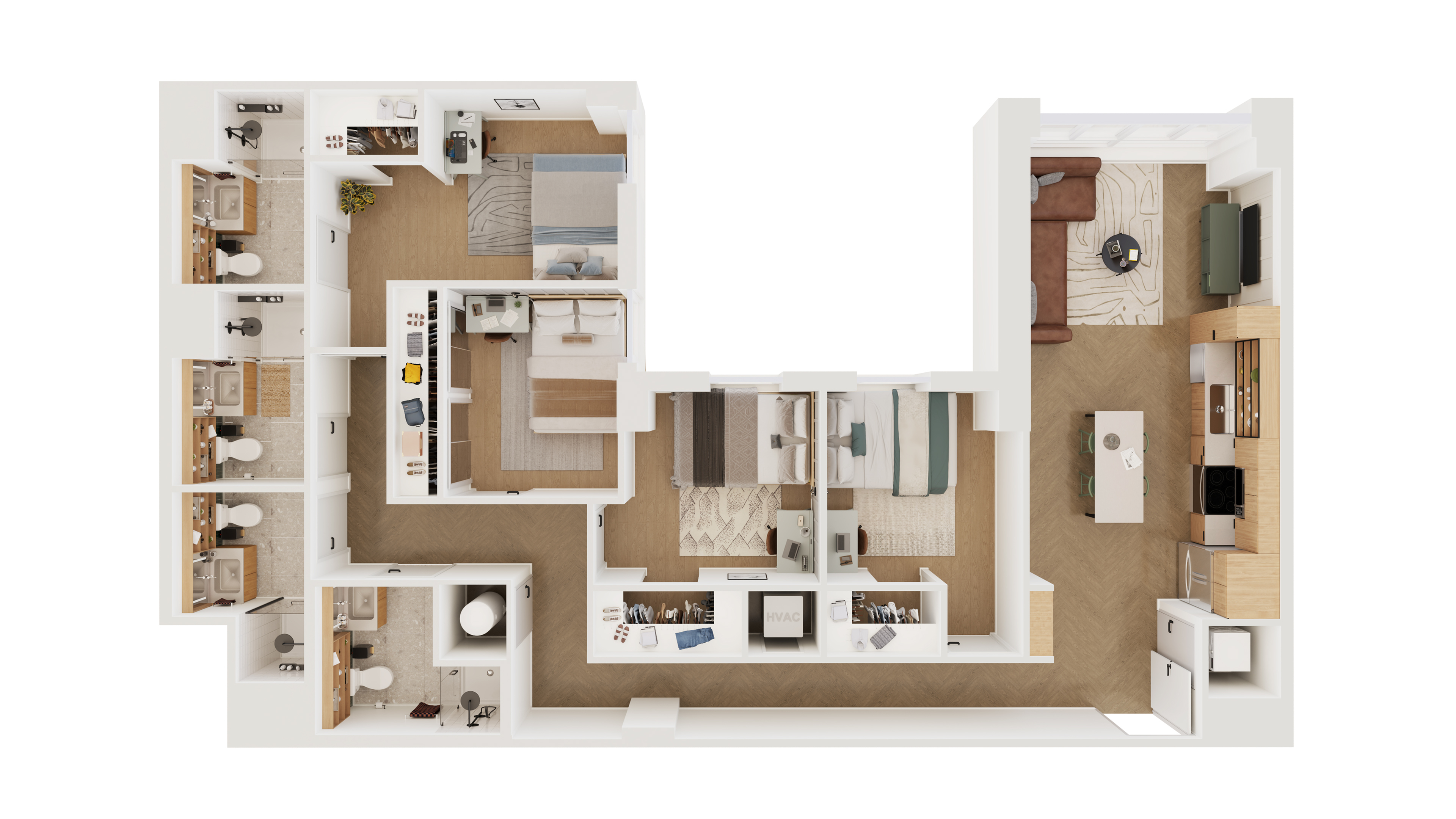 Modern 3D floor plan featuring 4 bedrooms, a stylish open-concept living room, and a sleek kitchen with island seating.