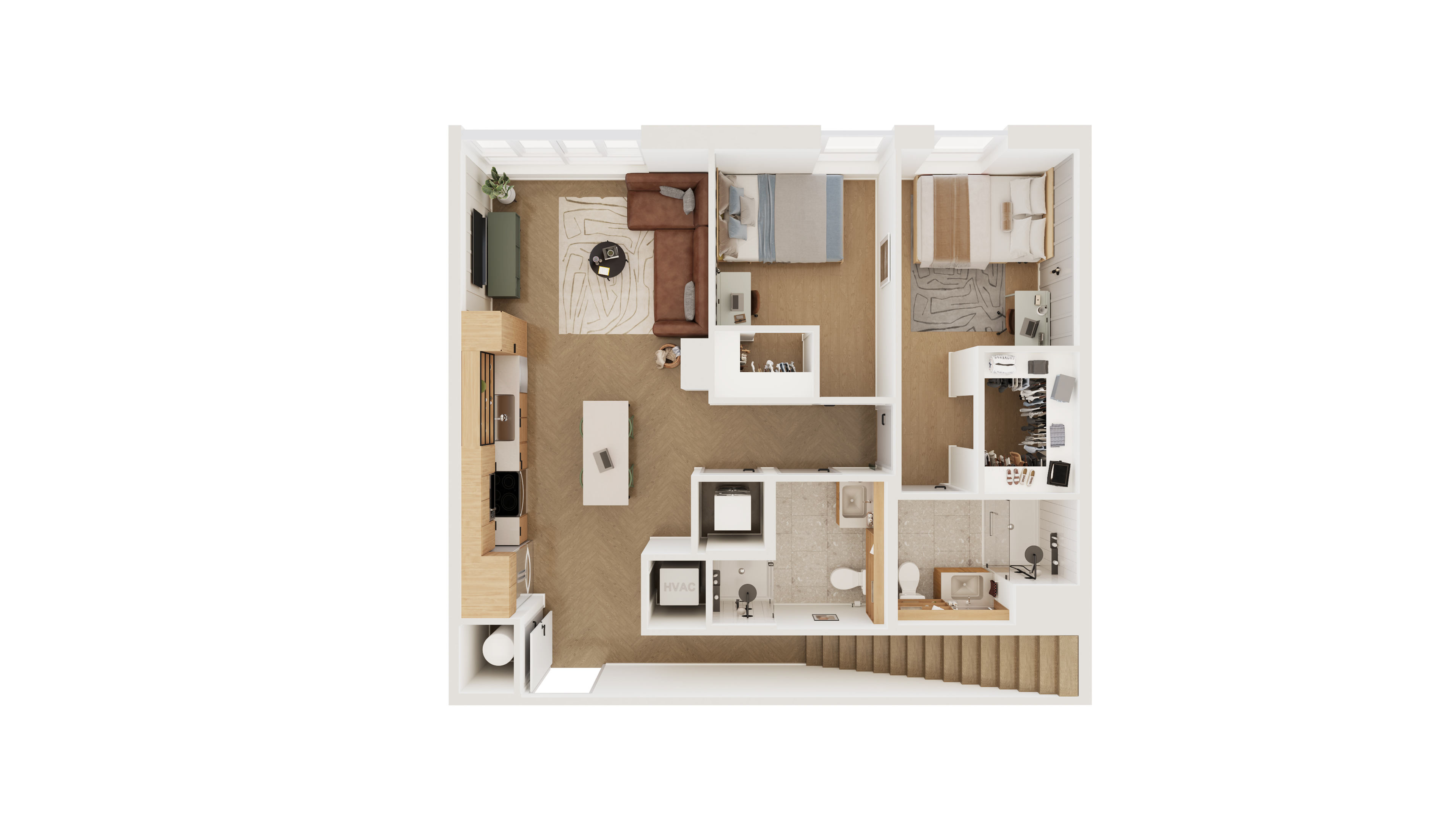 Elegant 3D floor plan showcasing a cozy living room, modern kitchen with island, 2 stylish bedrooms, and a spacious bathroom. Ideal for comfort and functionality.