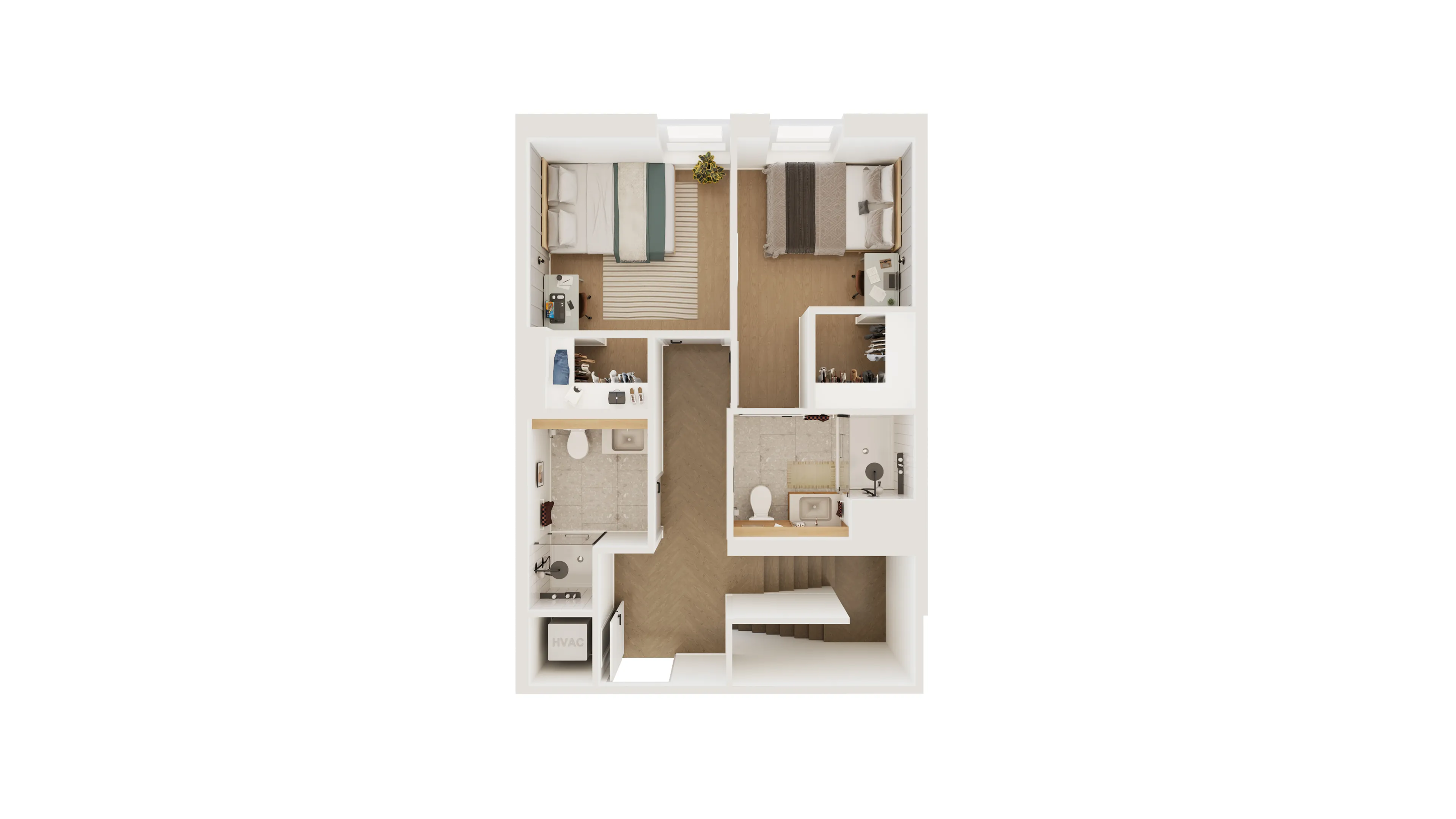 Modern 2D apartment floor plan showcasing two cozy bedrooms, a stylish bathroom, and an inviting open space layout.