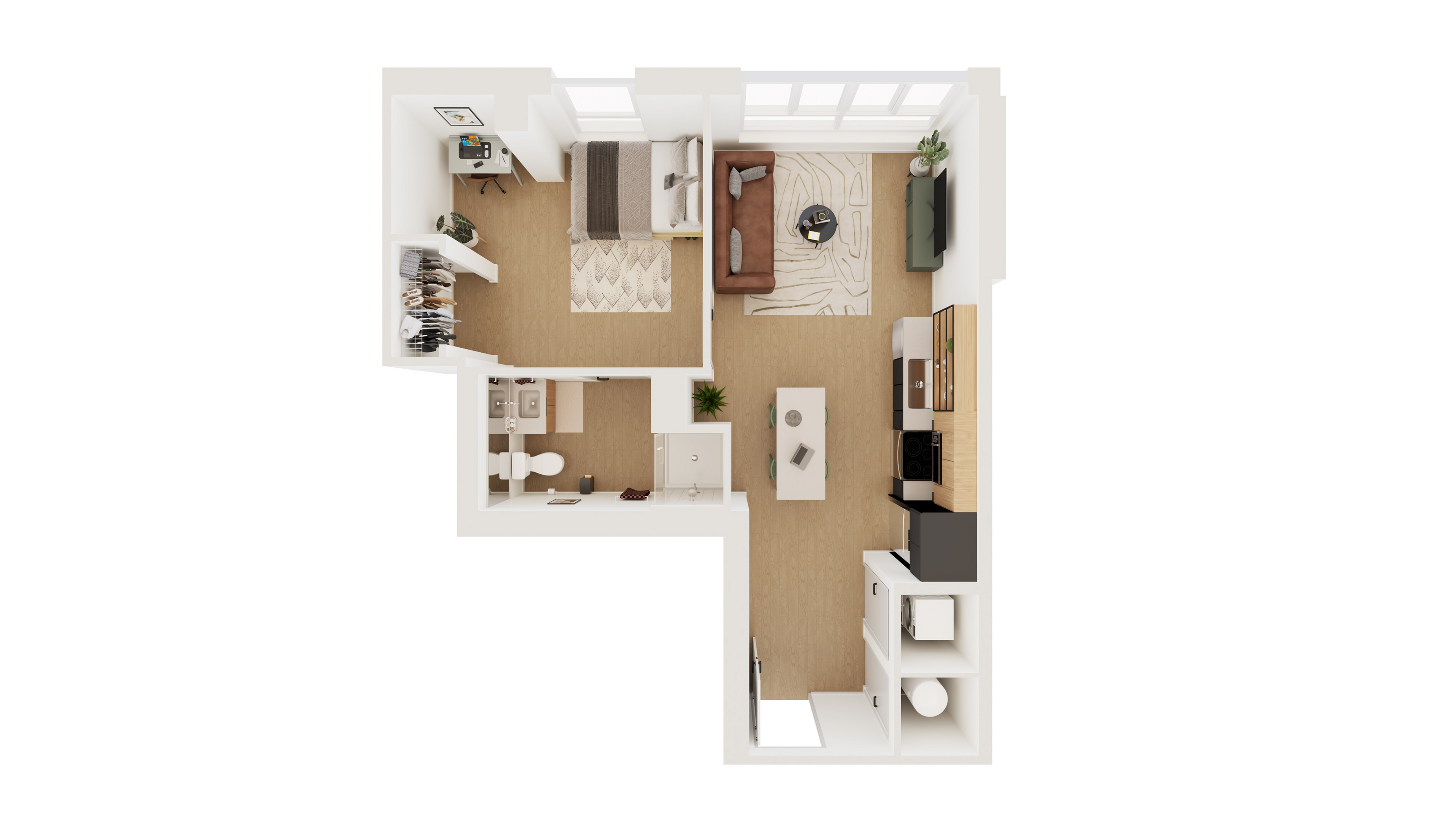 Modern L-shaped floor plan featuring a cozy bedroom, stylish living area, and a sleek open-concept kitchen with ample natural light.