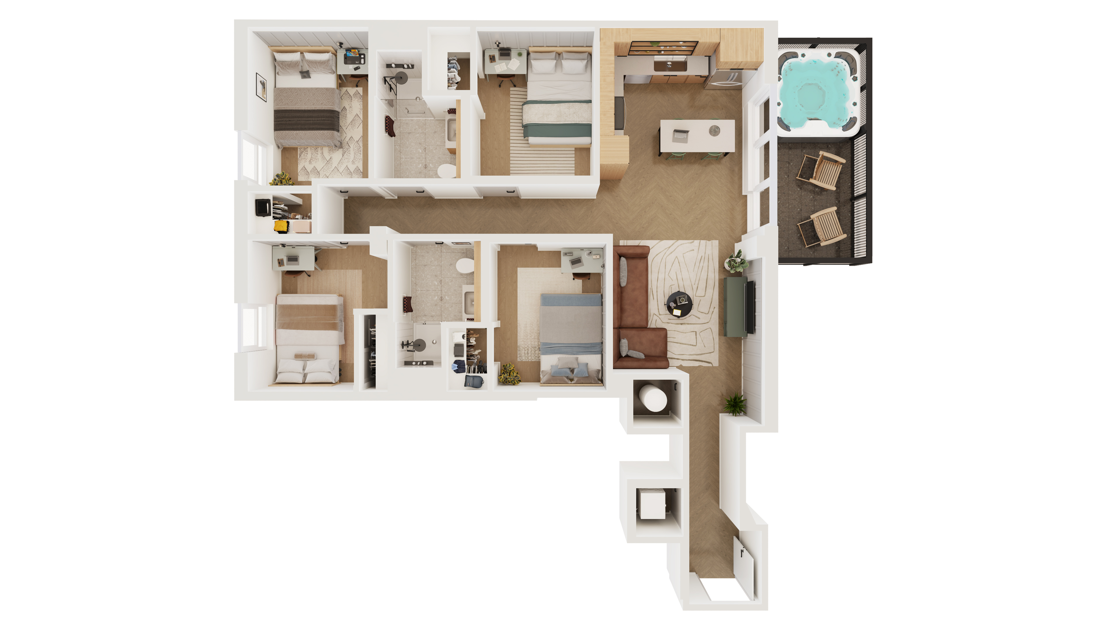 Modern 3D apartment floor plan with three bedrooms, stylish open-concept living area, chic kitchen, and private balcony with a hot tub.