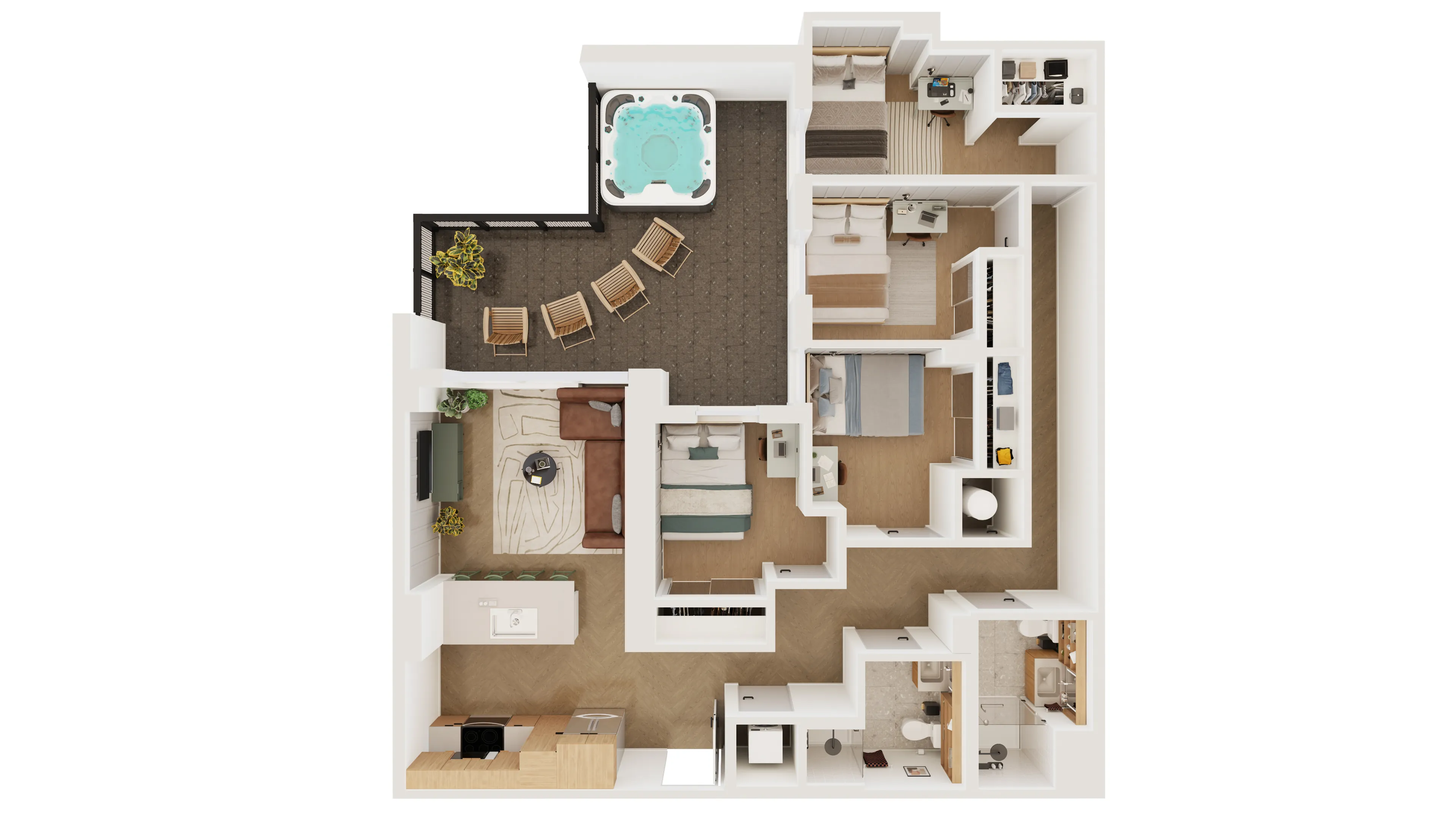 Elegant apartment floor plan featuring three bedrooms, open living area, modern kitchen, and spacious balcony with seating and hot tub.