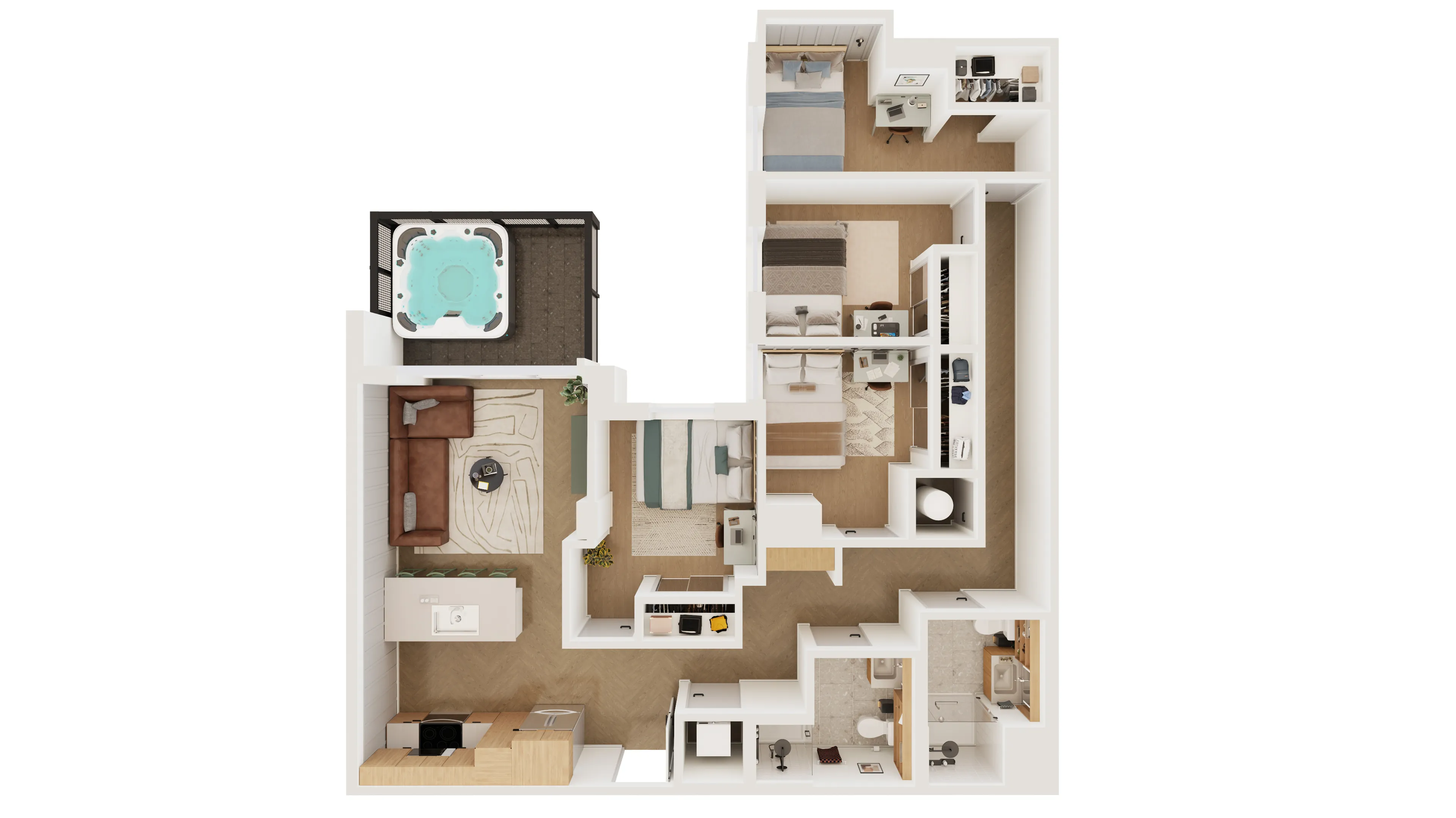 Modern 3D floor plan showcasing three bedrooms, a chic open-concept kitchen, stylish living area, and a private balcony with a luxurious hot tub.
