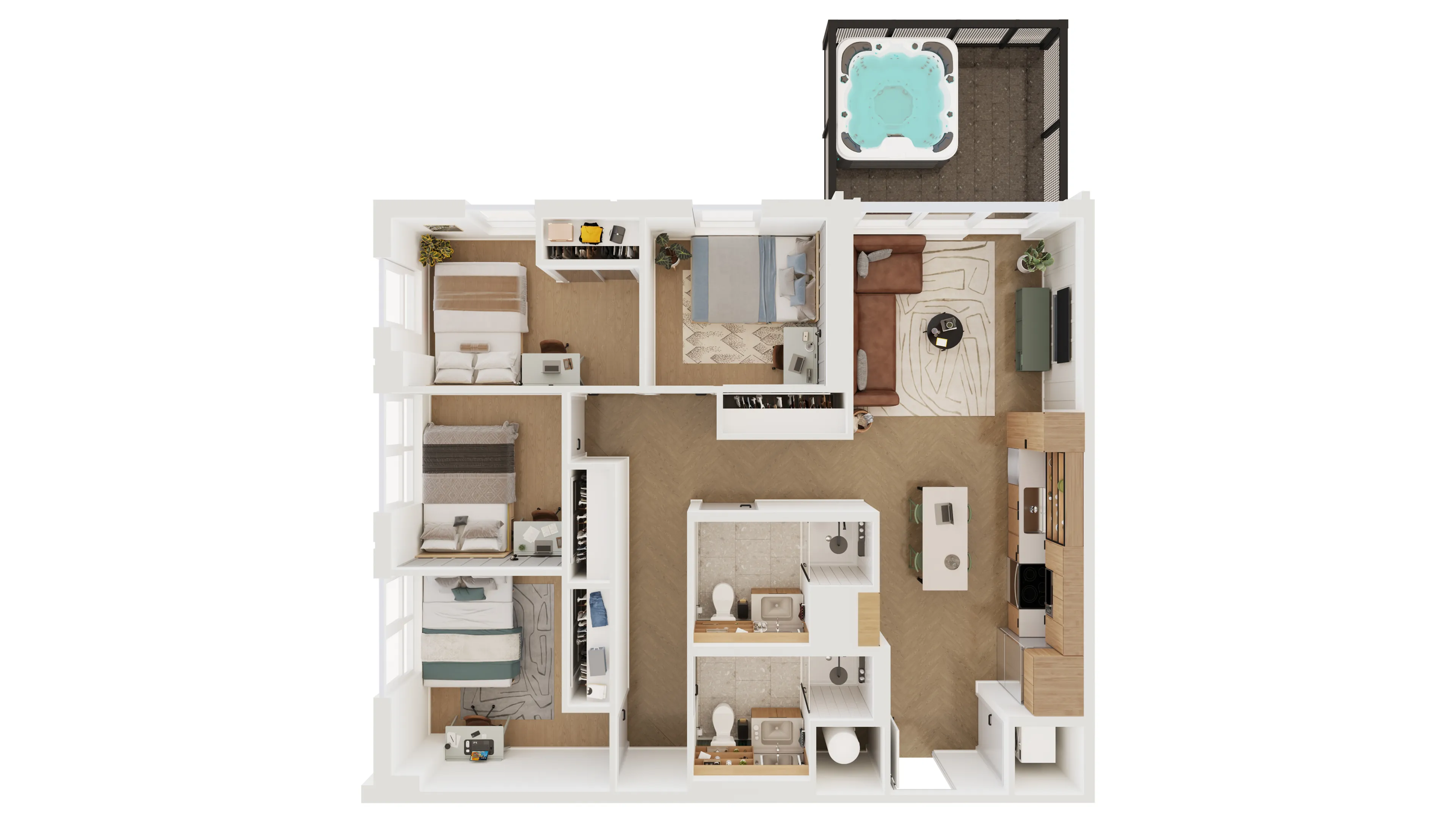 Contemporary floor plan showcasing 3 bedrooms, elegant living room, modern kitchen, 2 bathrooms, and a private balcony with a hot tub.