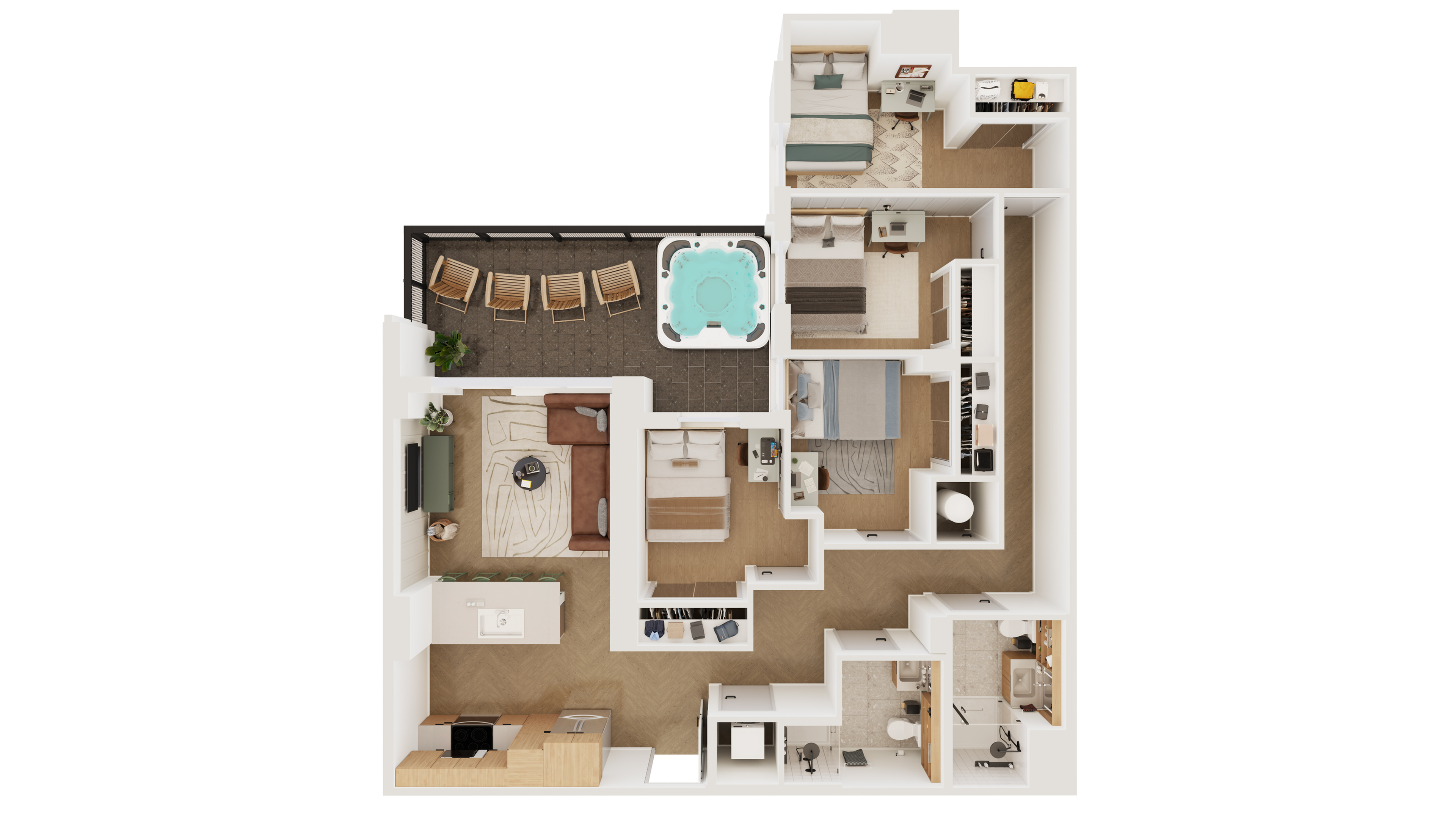 Elegant floor plan showcasing 3 bedrooms, open-concept living area, modern kitchen, and relaxing balcony with a hot tub.
