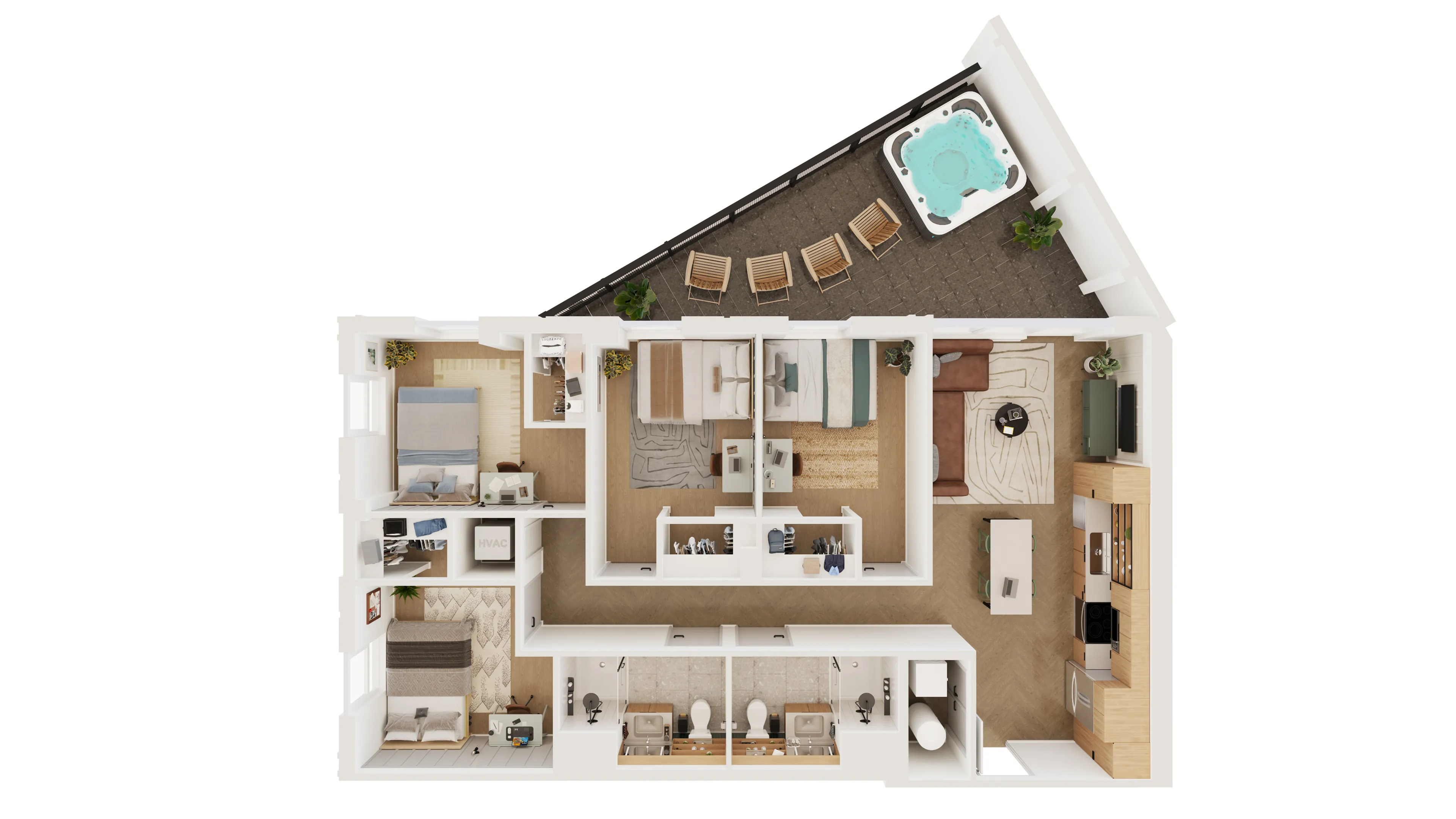 Elegant floor plan showcasing three luxurious bedrooms, dual bathrooms, open living area with modern kitchen, and private terrace featuring a hot tub.
