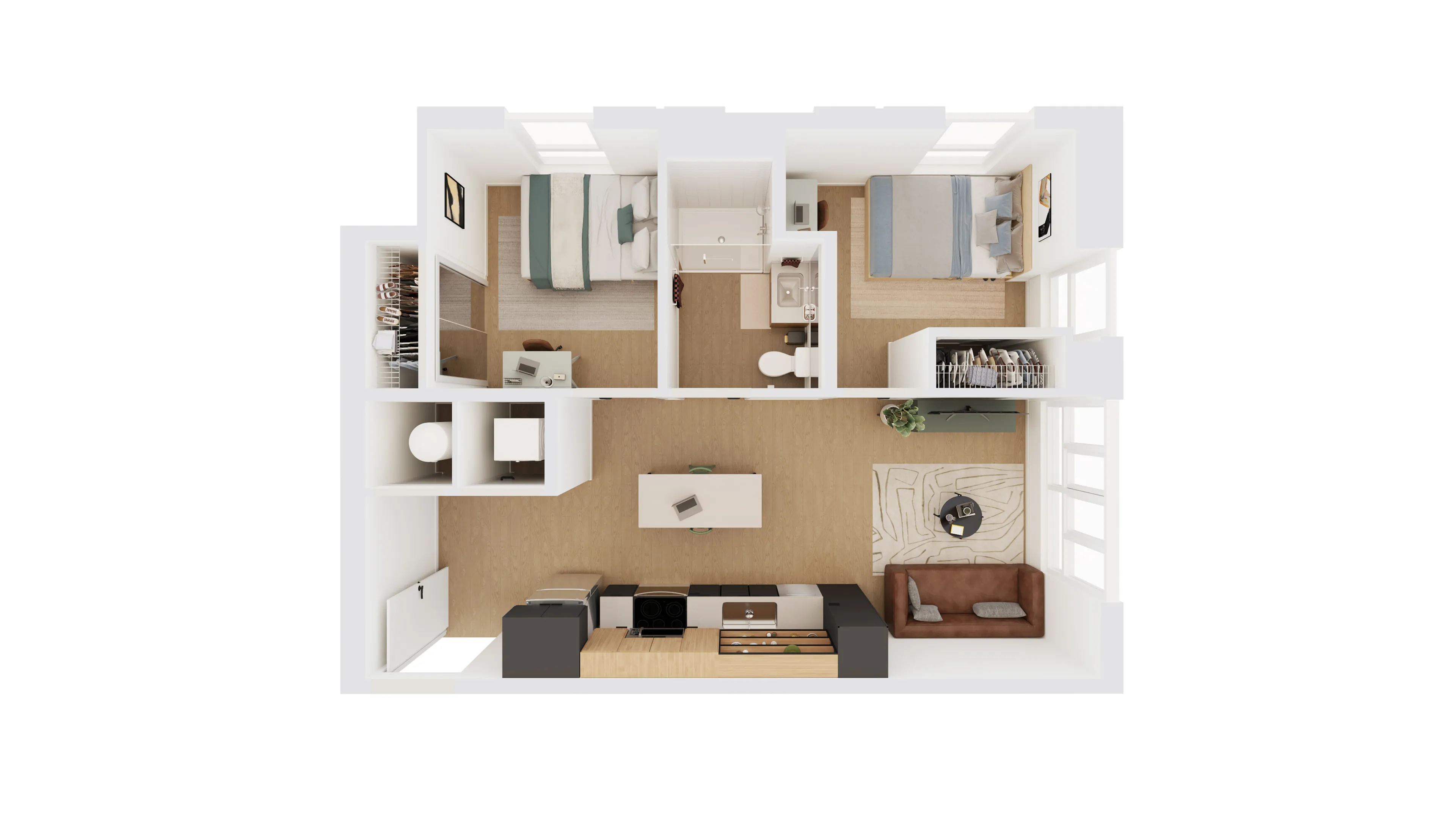 Modern 2D floor plan showcasing a cozy two-bedroom, one-bath layout with an inviting open-concept living-dining area and sleek kitchen.