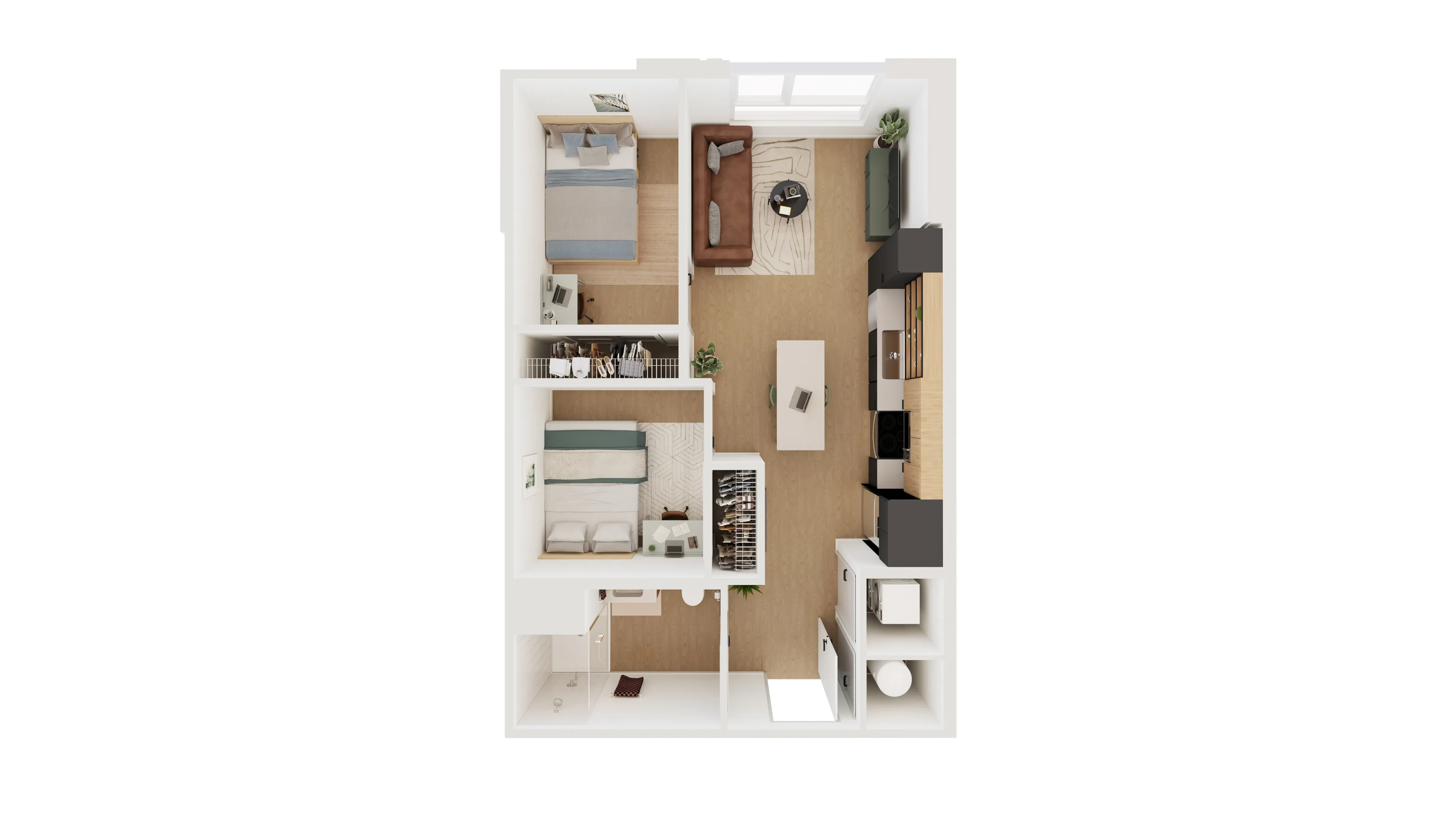 Modern 2D floor plan showcasing 2 spacious bedrooms, a cozy living room, and a sleek kitchen with contemporary finishes.