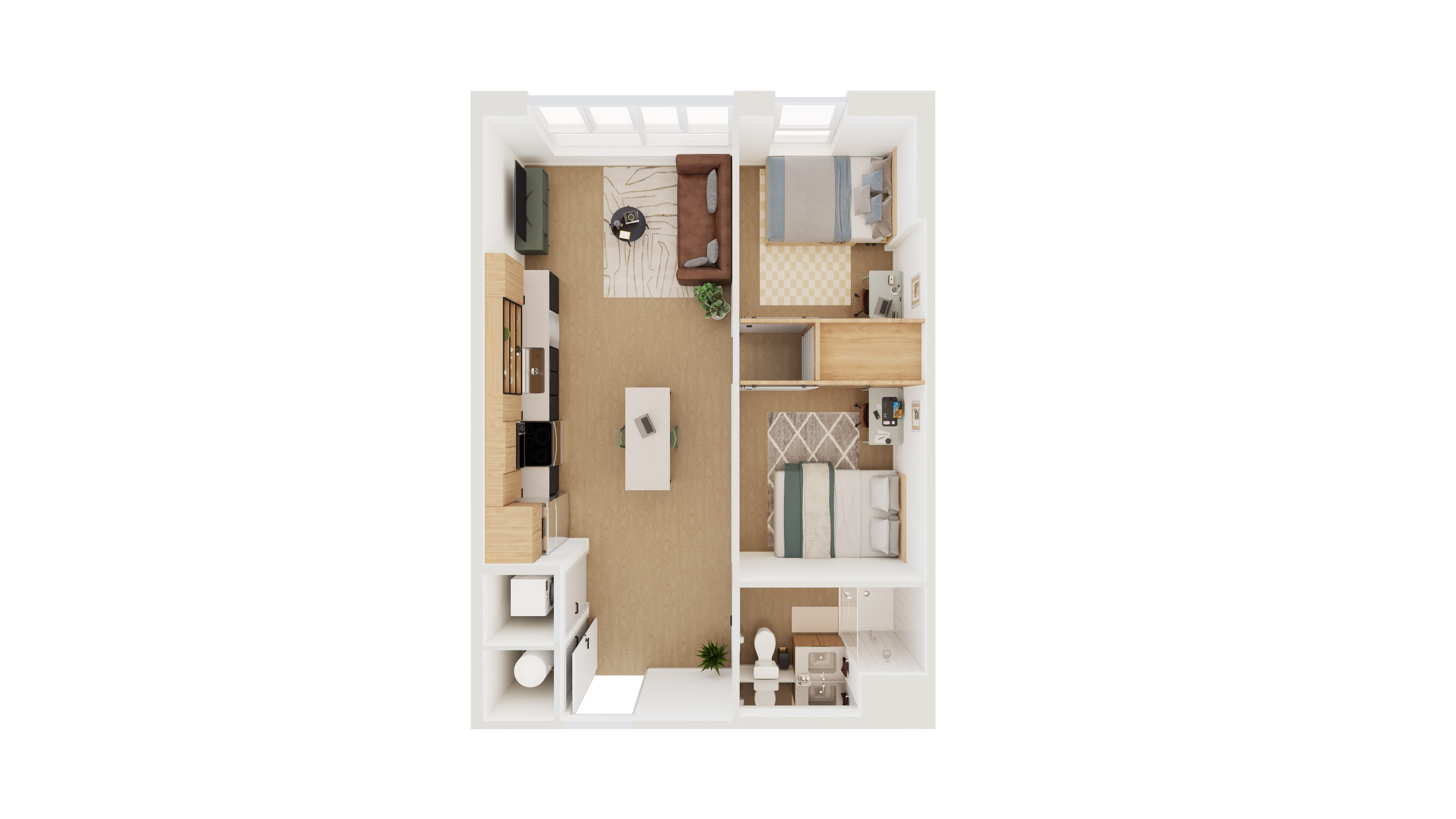 Modern 2D floor plan showcasing 2 cozy bedrooms, a stylish open living area, and a contemporary kitchen design.