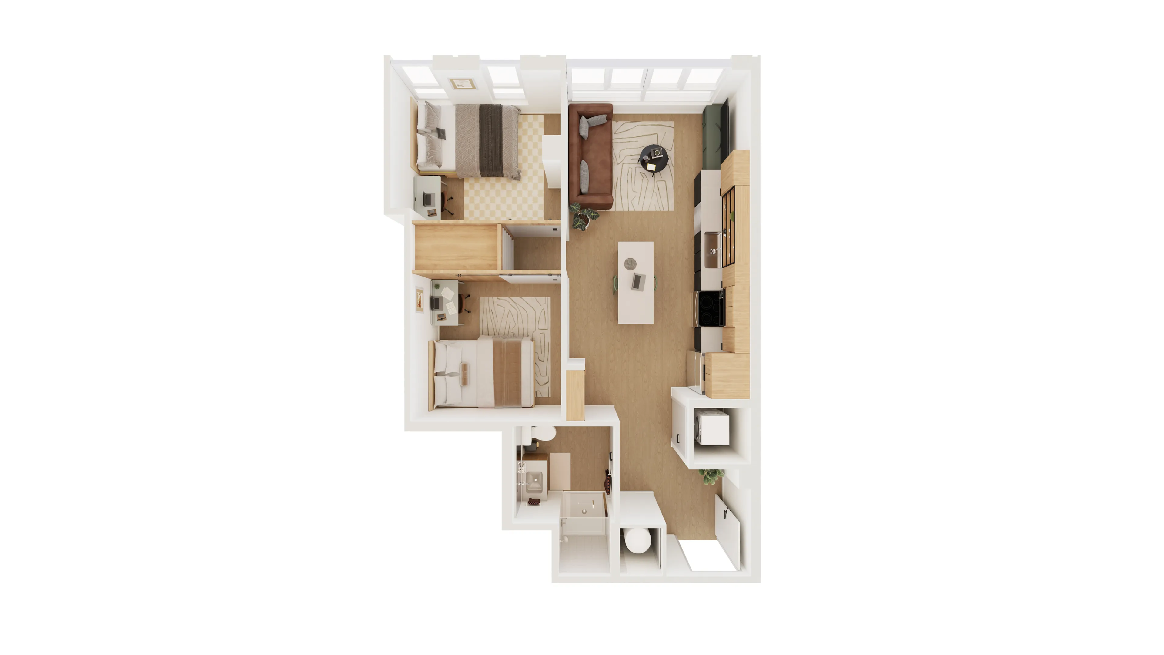 Modern 3D floor plan showcasing two cozy bedrooms, a stylish open-plan living and dining area, and a sleek kitchen with contemporary finishes.