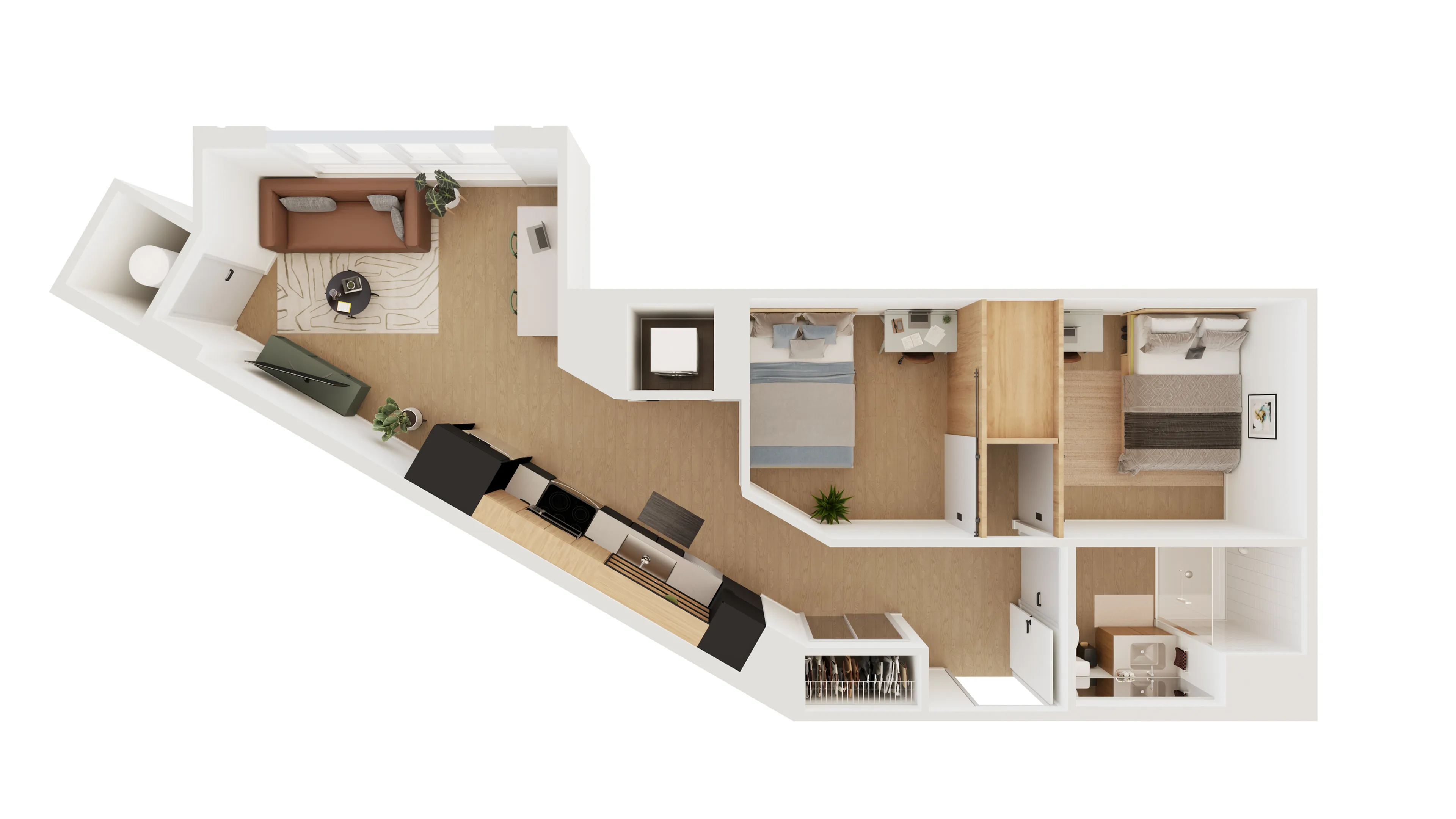 Modern apartment floor plan showcasing 2 bedrooms, stylish living room, and sleek open kitchen layout, ideal for urban living.