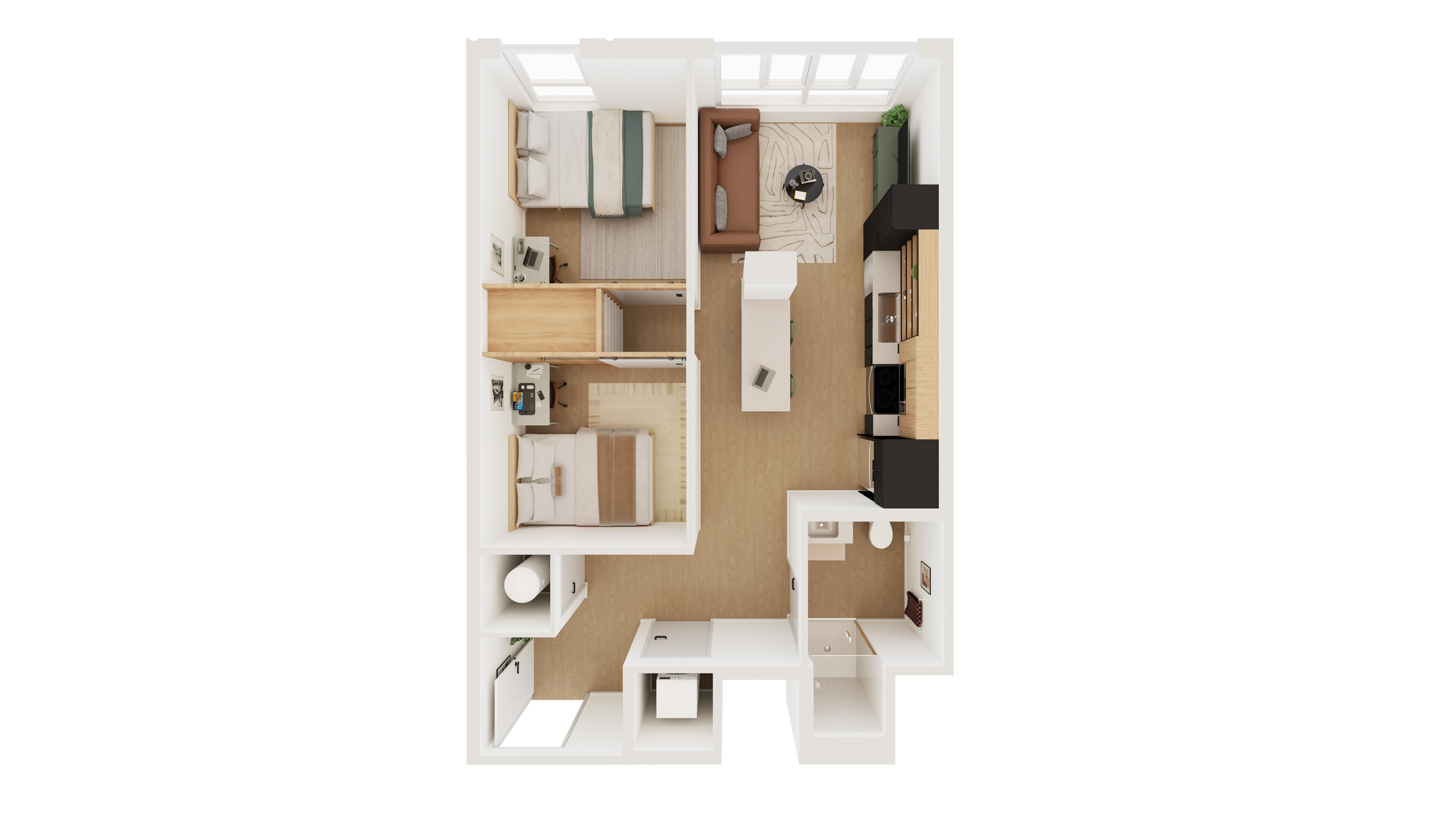 Modern 3D floor plan showcasing two cozy bedrooms, a stylish open-concept living and dining area, and a sleek kitchen. Ideal for comfortable living and entertaining.
