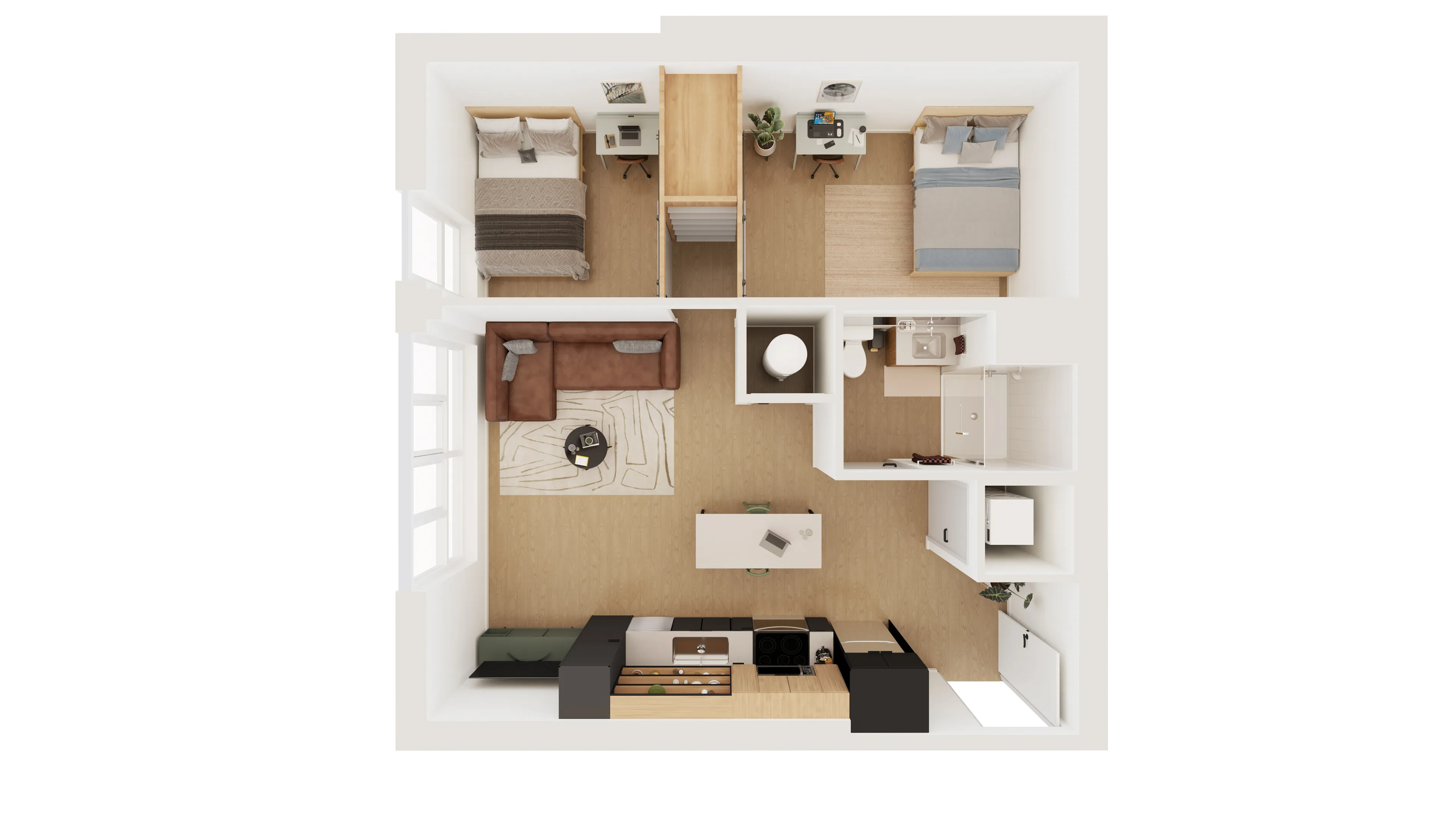 Modern 3D floor plan showcasing 2 cozy bedrooms, an elegant living area, and a sleek kitchen.