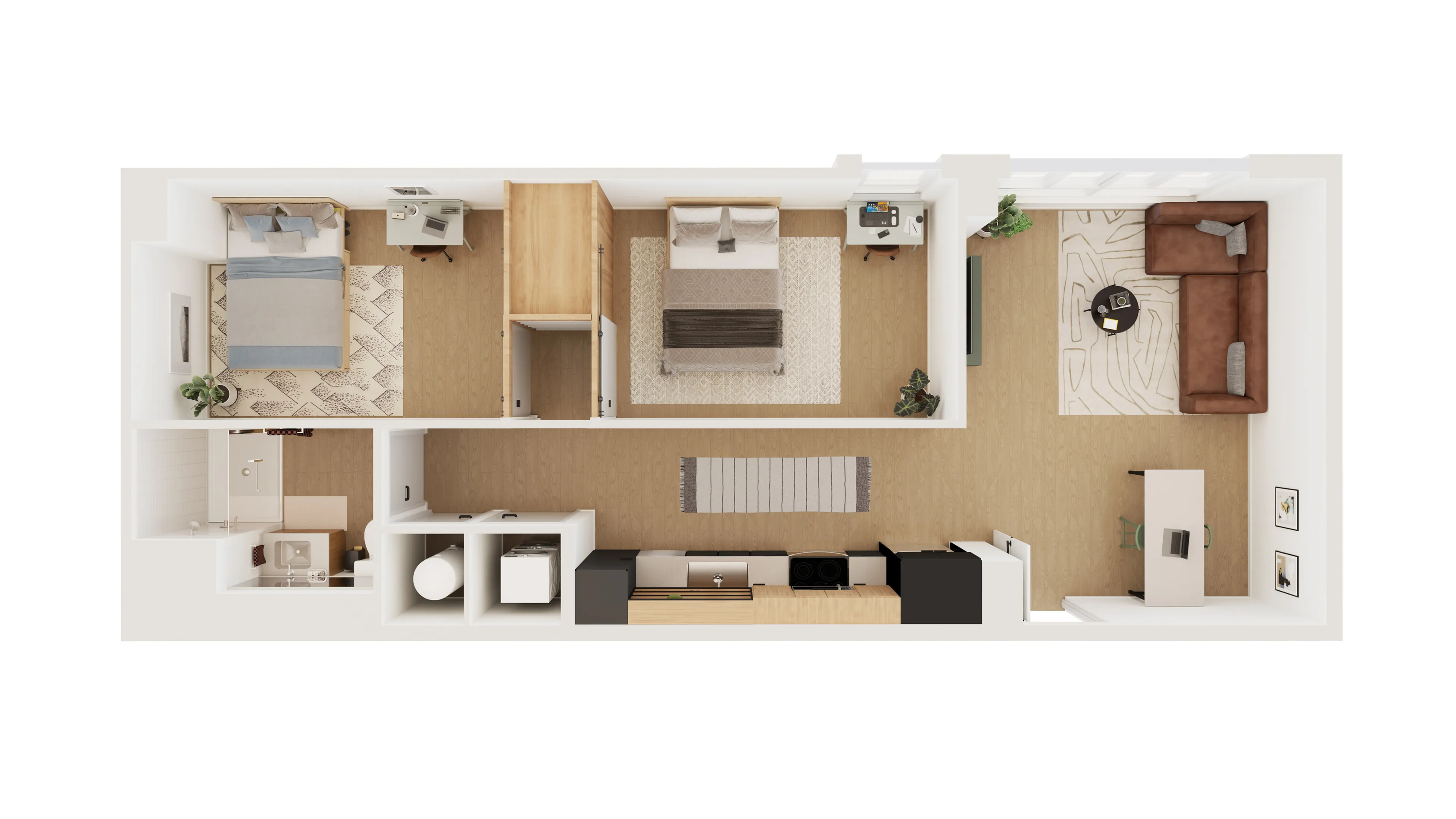Elegant floor plan with two spacious bedrooms, a cozy living area, and a modern kitchen. Ideal for stylish urban living.
