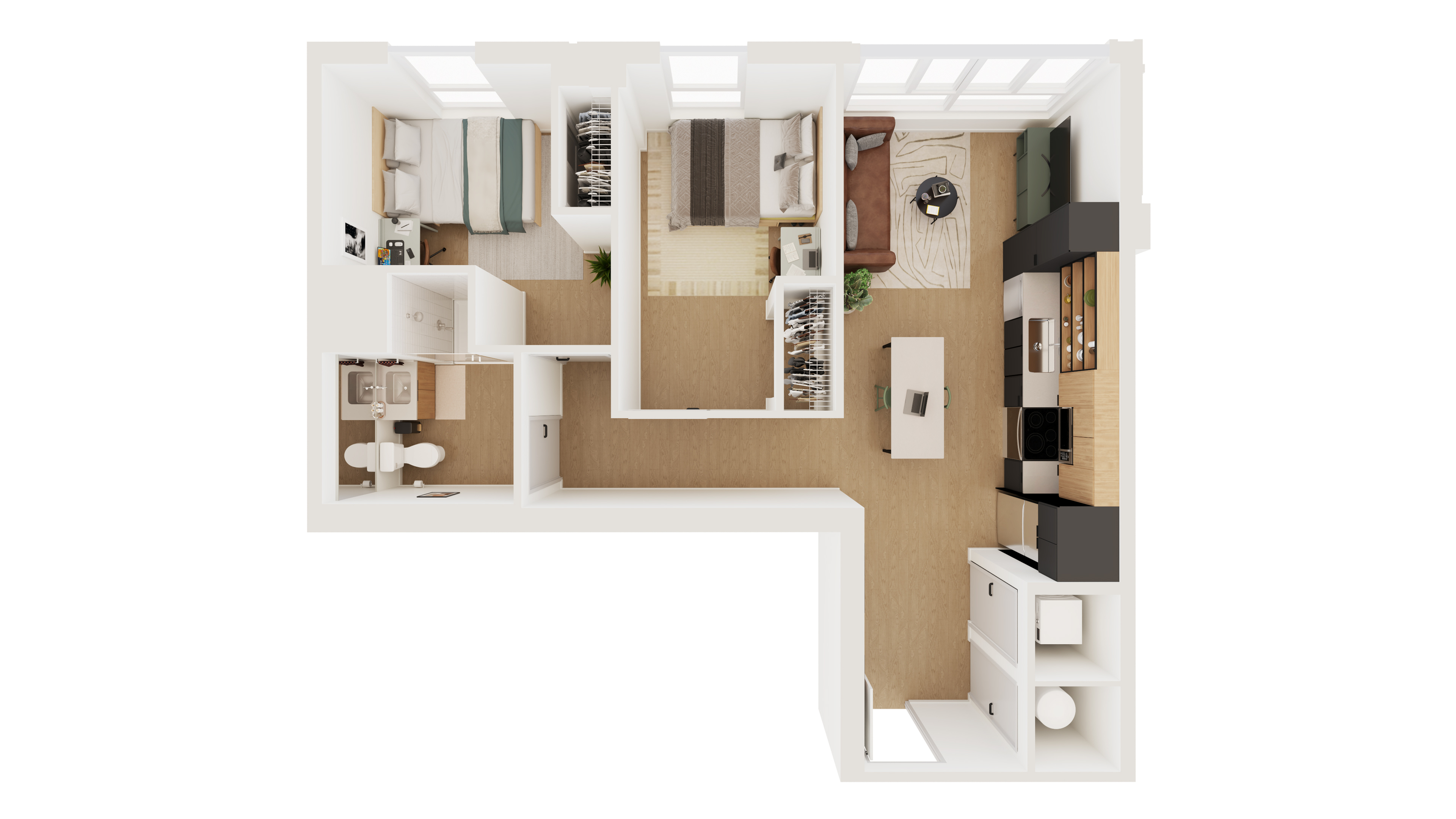 Modern floor plan showcasing a stylish 2-bedroom apartment with an open living area, chic kitchen, and a well-appointed bathroom.