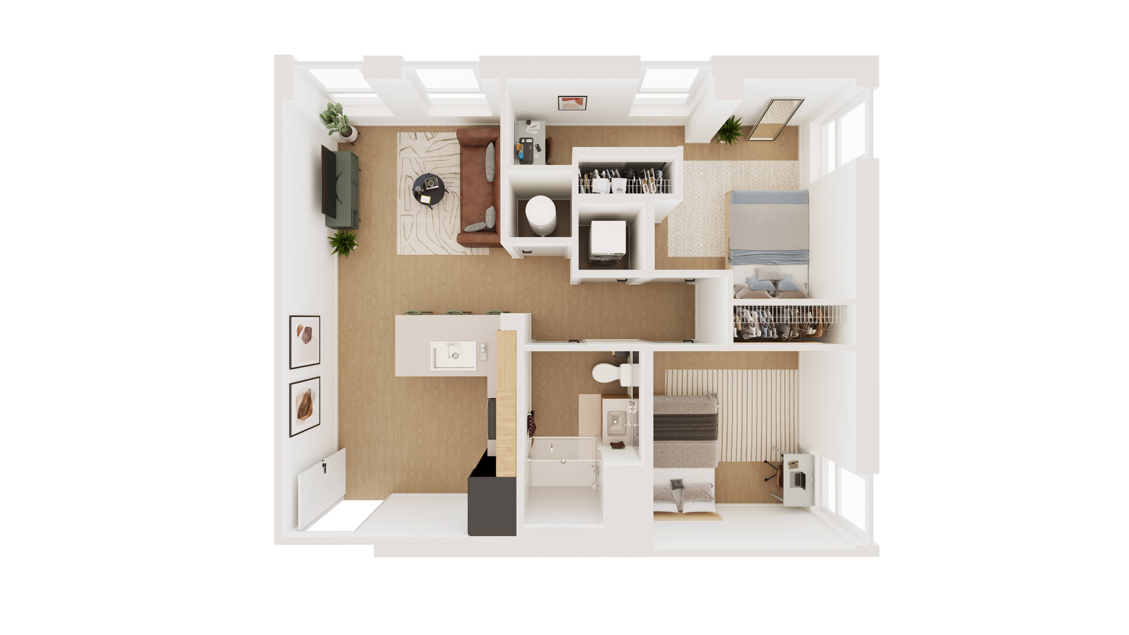 Modern floor plan with 2 cozy bedrooms, open living area, and a sleek kitchen design.