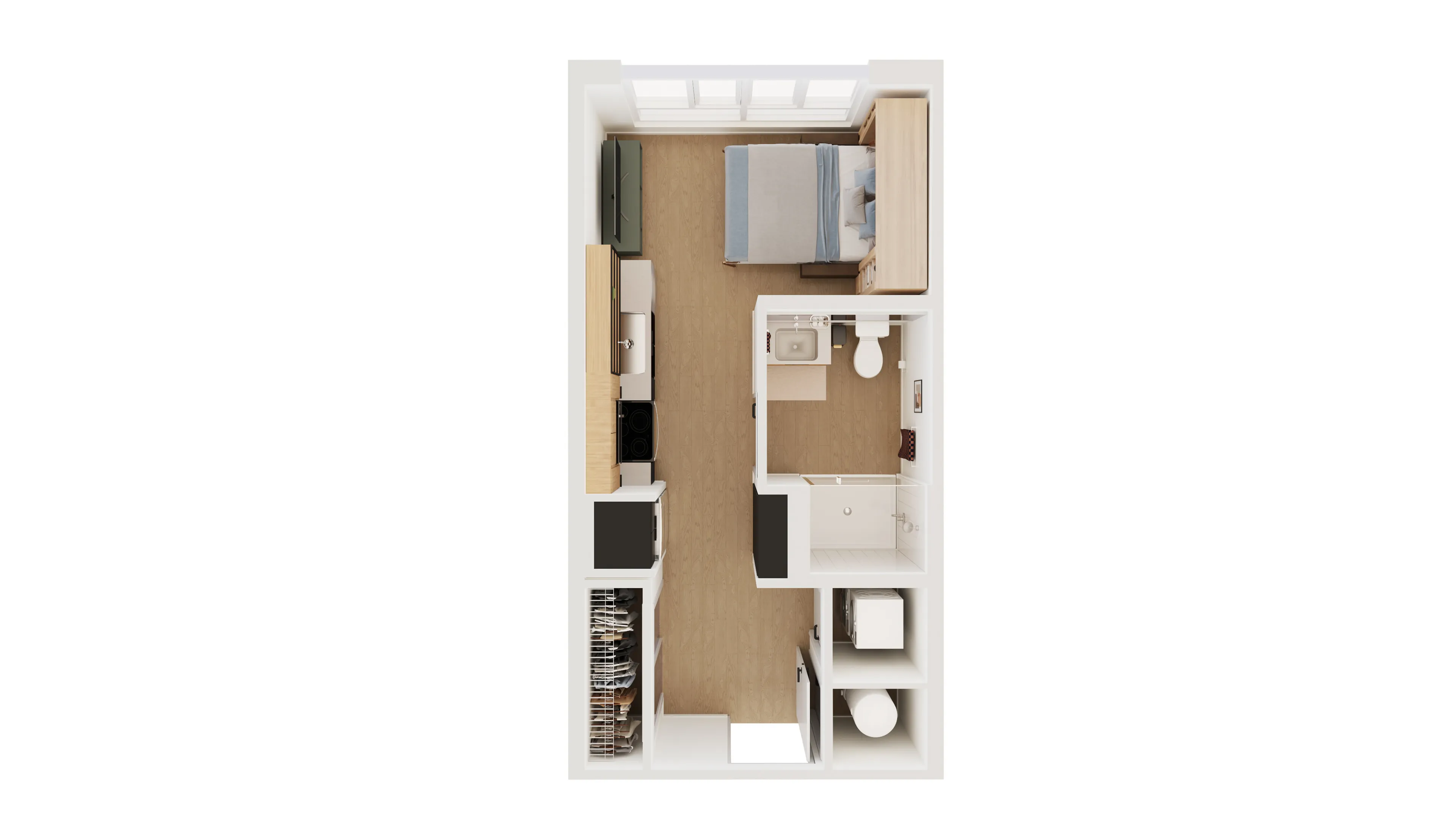 Chic studio apartment floor plan showcasing an efficiently designed space with a cozy sleeping area, modern kitchen, and stylish bathroom.