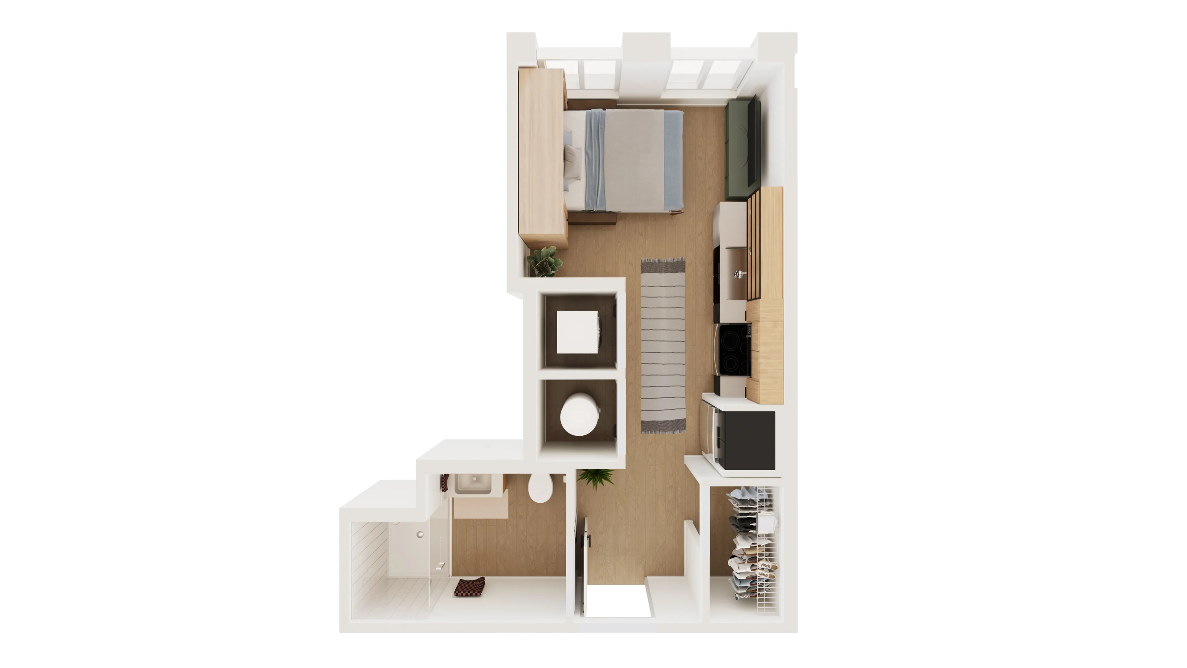 Modern 3D floor plan showcasing a cozy bedroom, stylish kitchen, compact bathroom, and organized closet space.