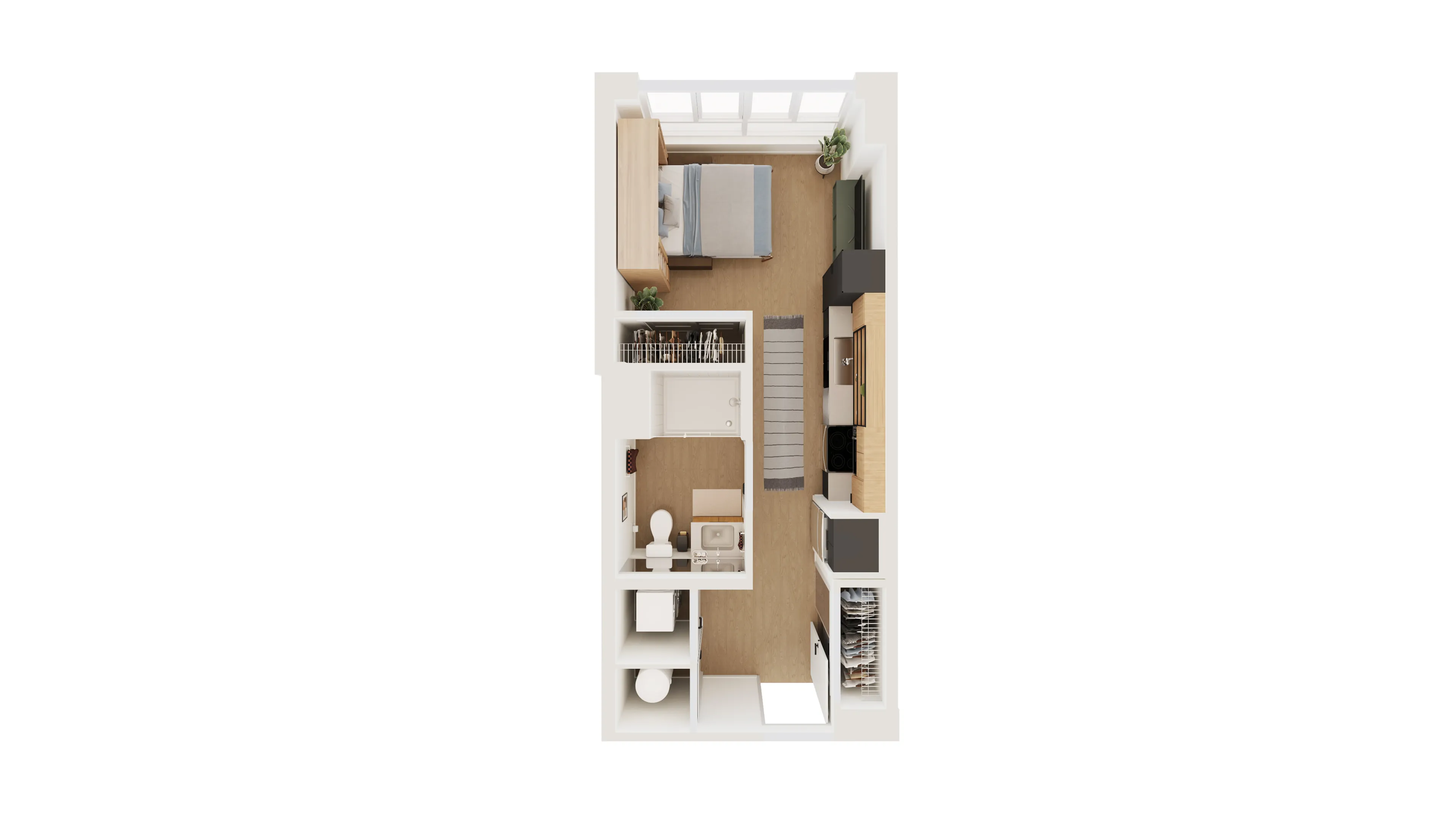 Modern studio apartment floor plan featuring an efficient layout with a cozy bedroom, sleek kitchen, and stylish bathroom.