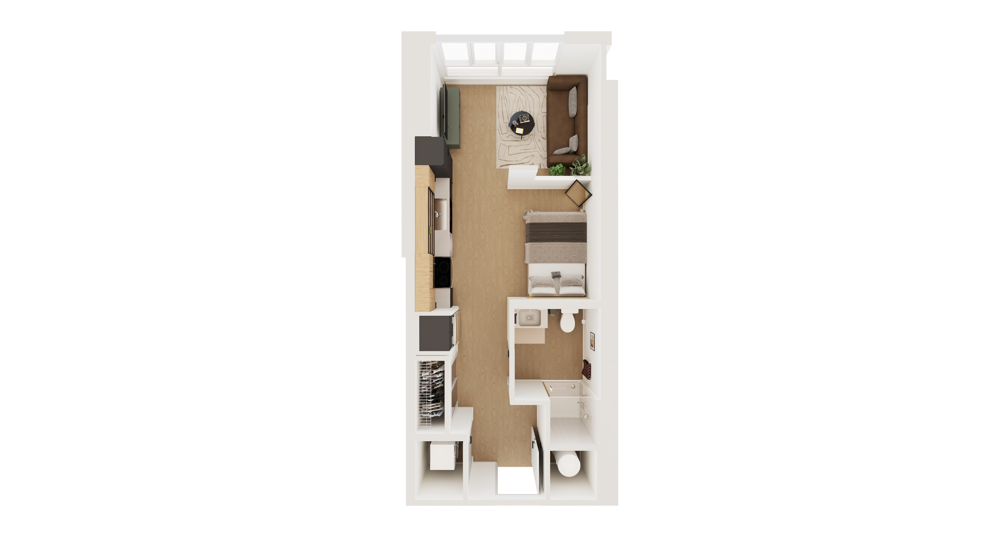 Modern studio apartment floor plan with open-concept living area, cozy bedroom nook, and compact kitchen design.