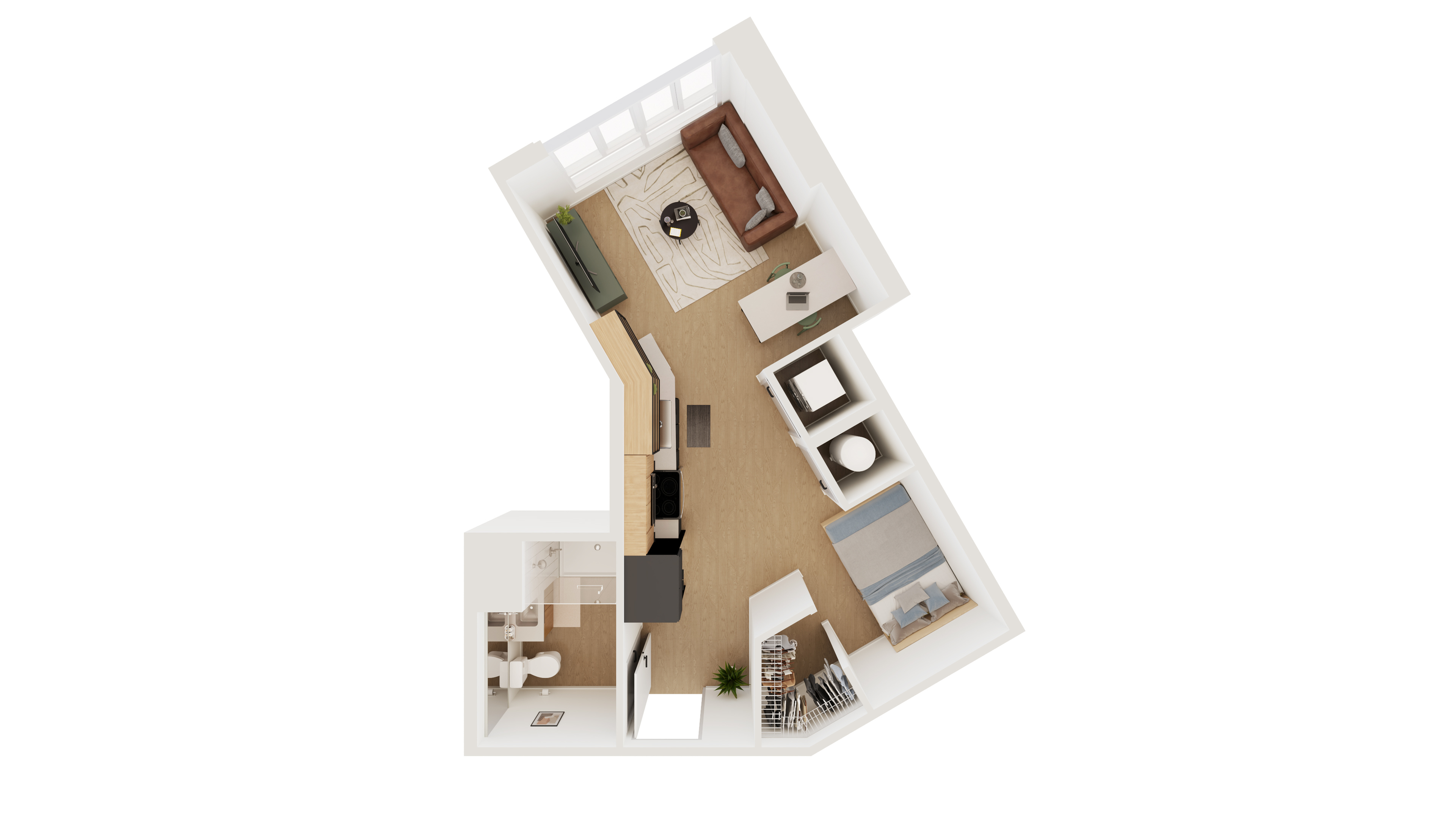 Modern open-concept floor plan featuring one bedroom, a cozy living area, stylish kitchen, and a compact bathroom with sleek design.