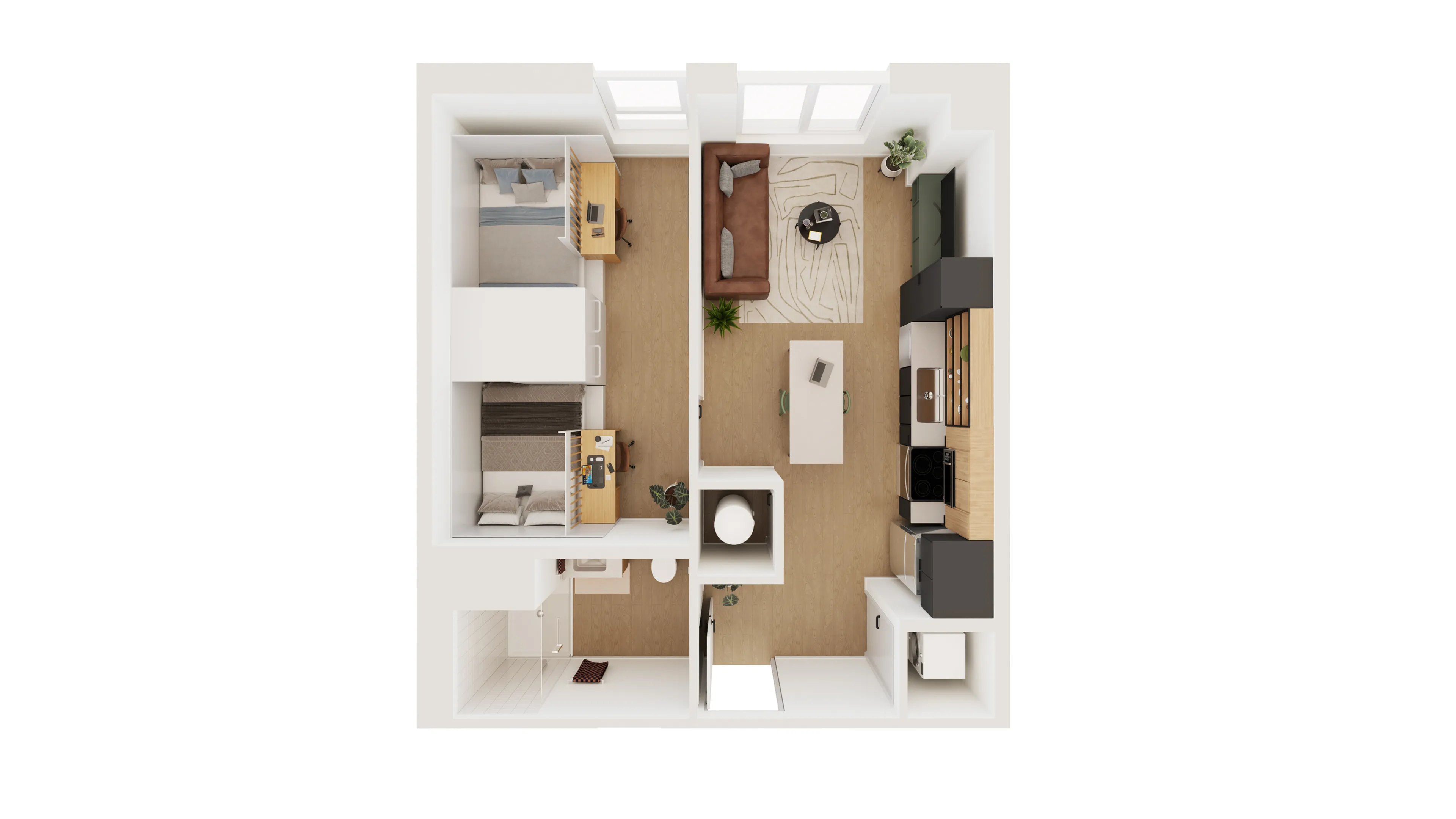 Modern 3D floor plan showcasing a cozy two-bedroom layout with an open kitchen and living area, complemented by stylish furniture and natural lighting.