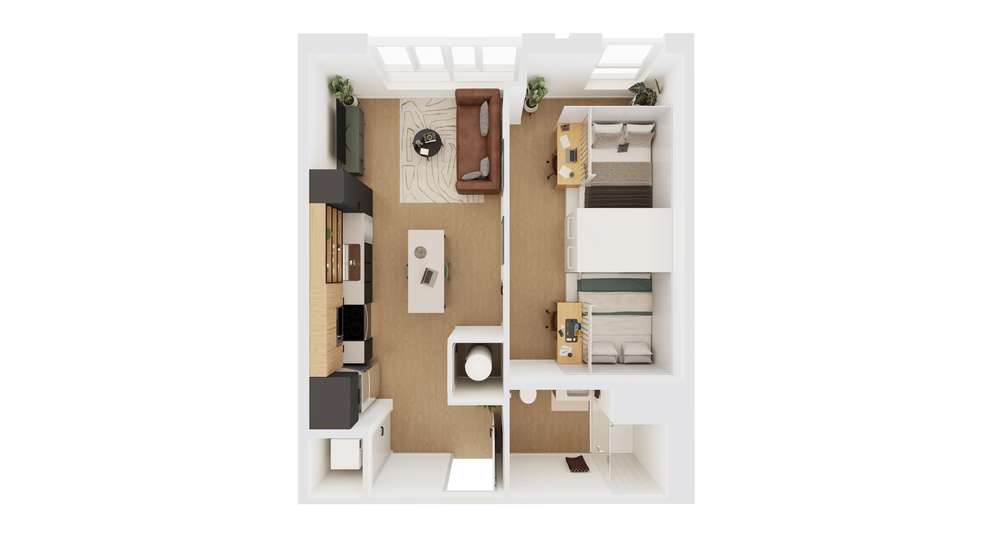 Chic 2D floor plan showcasing two cozy bedrooms, a modern open-concept kitchen, and an inviting living area with abundant natural light.