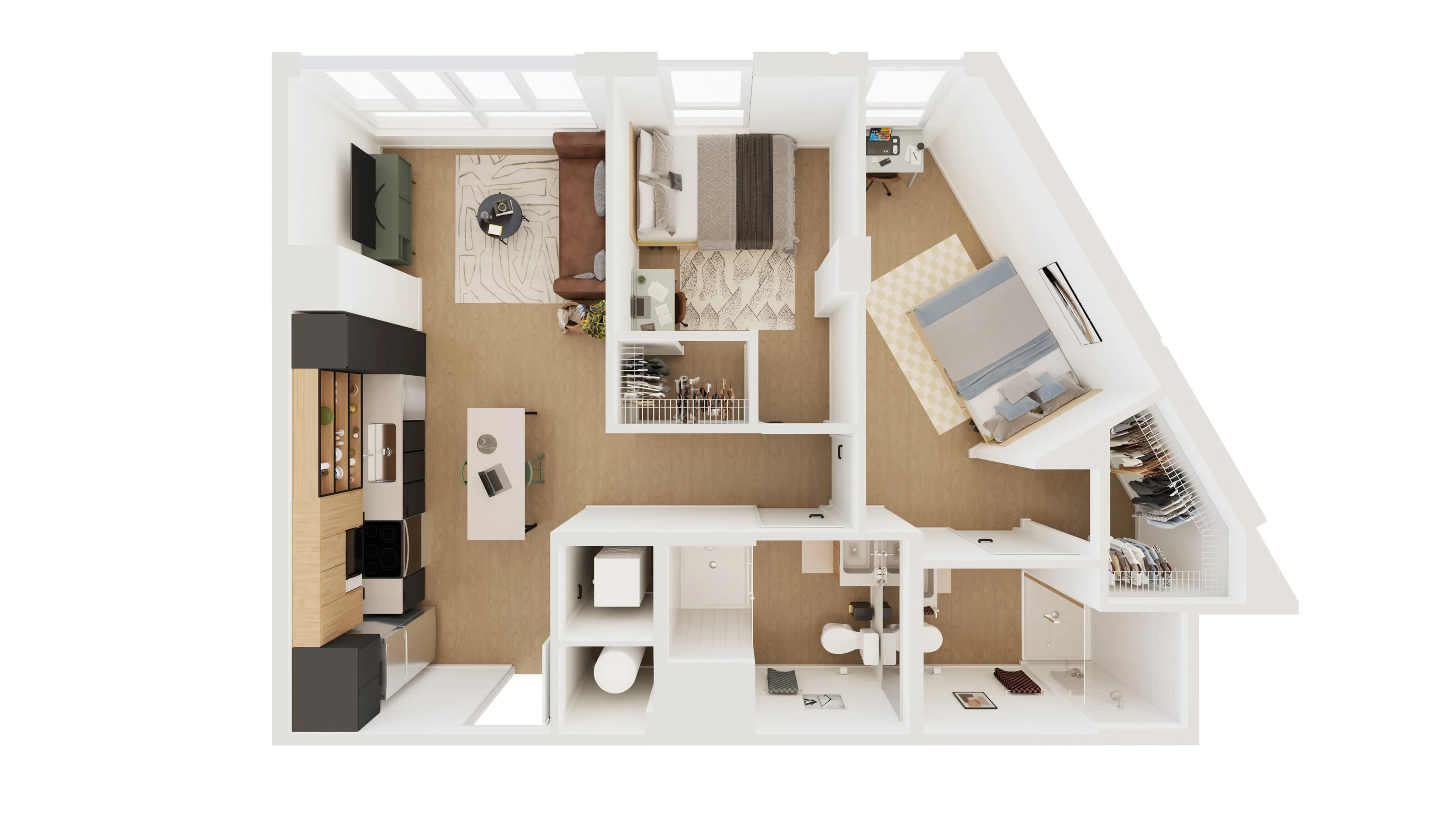 Modern 3D floor plan showcasing two cozy bedrooms, a stylish open kitchen, inviting living area, and a sleek bathroom.