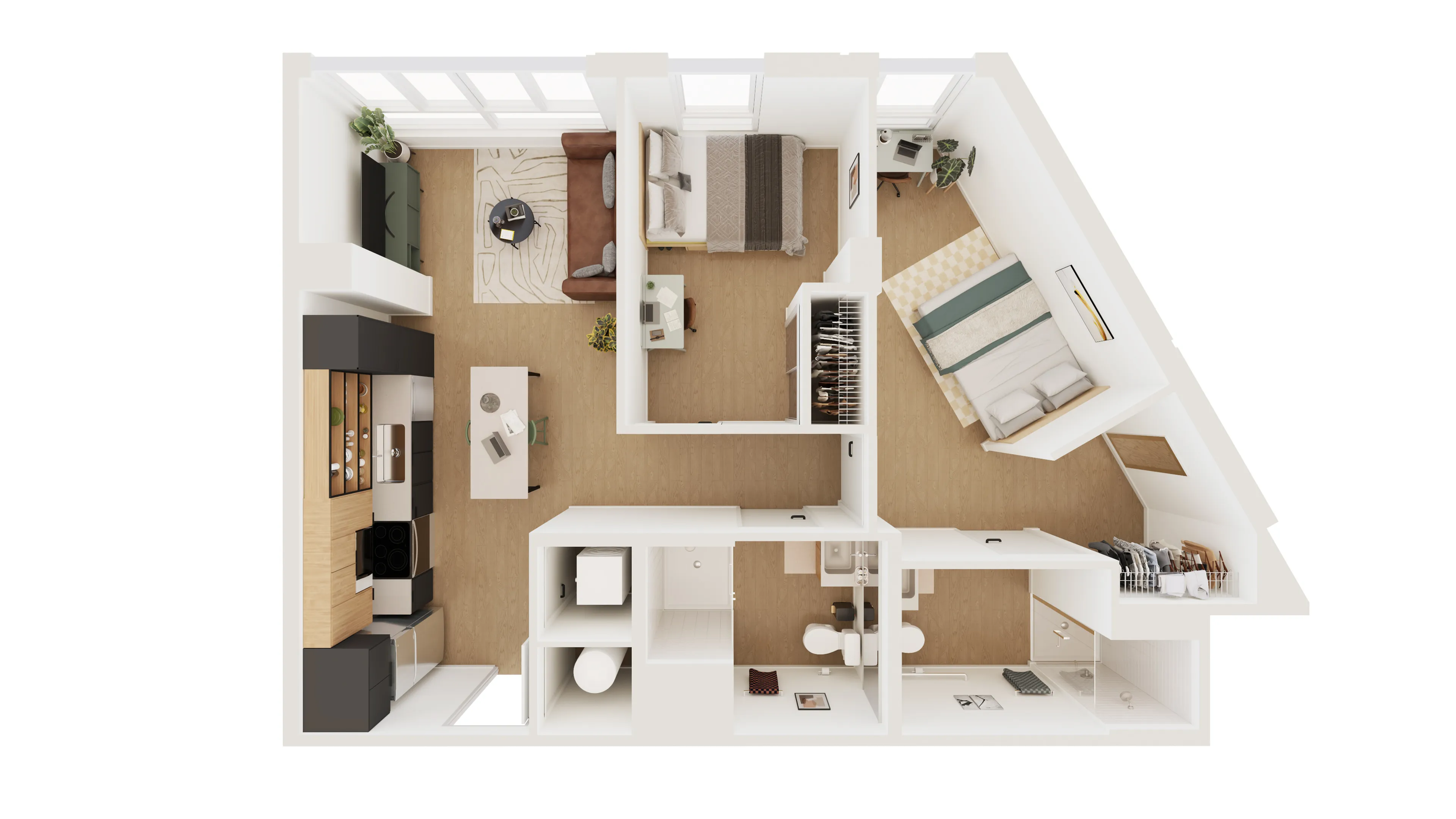 Modern floor plan showcasing two cozy bedrooms, a sleek kitchen, and an inviting living room area.