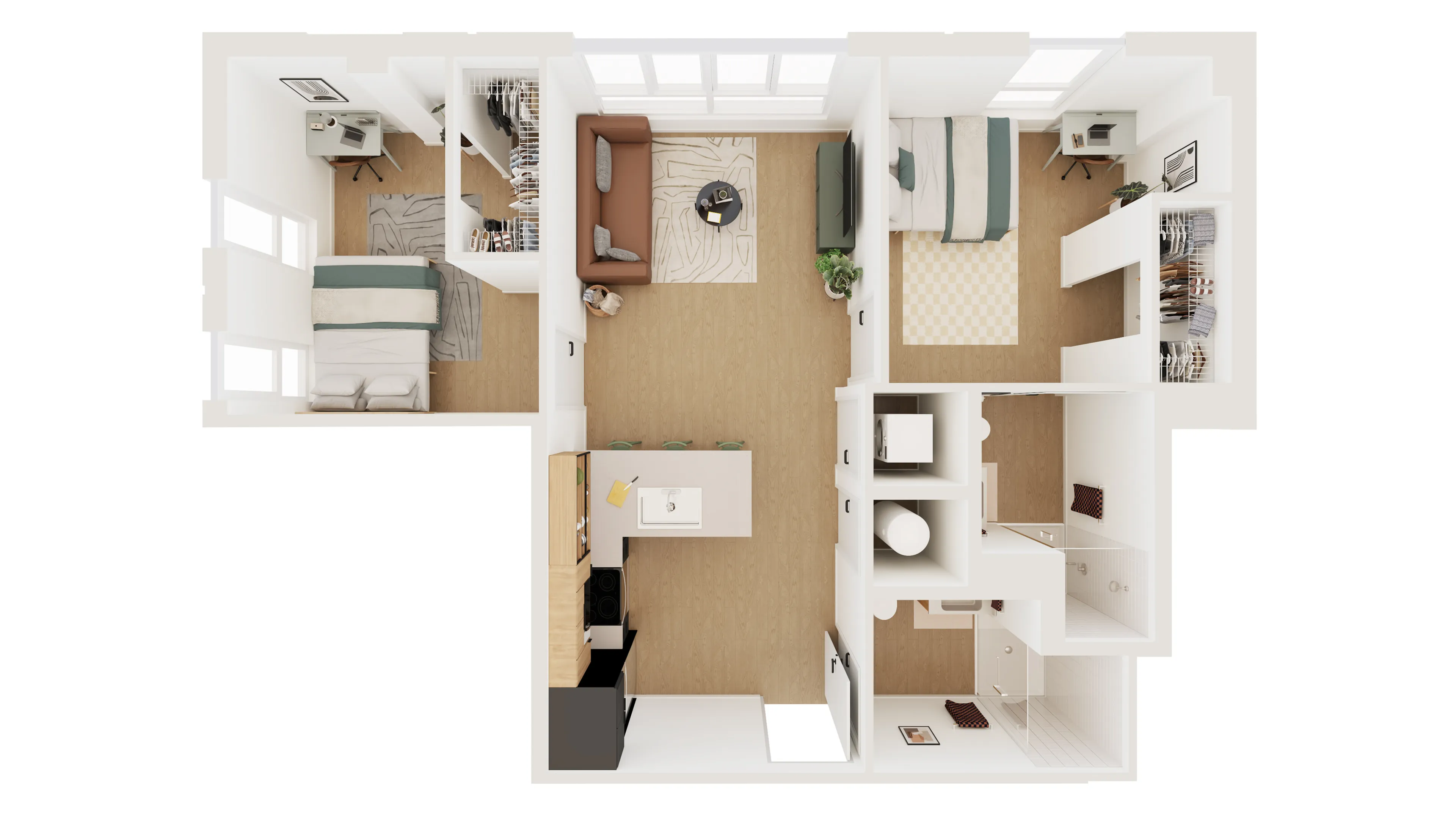 Modern L-shaped apartment floor plan featuring 2 bedrooms, stylish open-concept living area, chic kitchen with island seating, and well-organized closets.