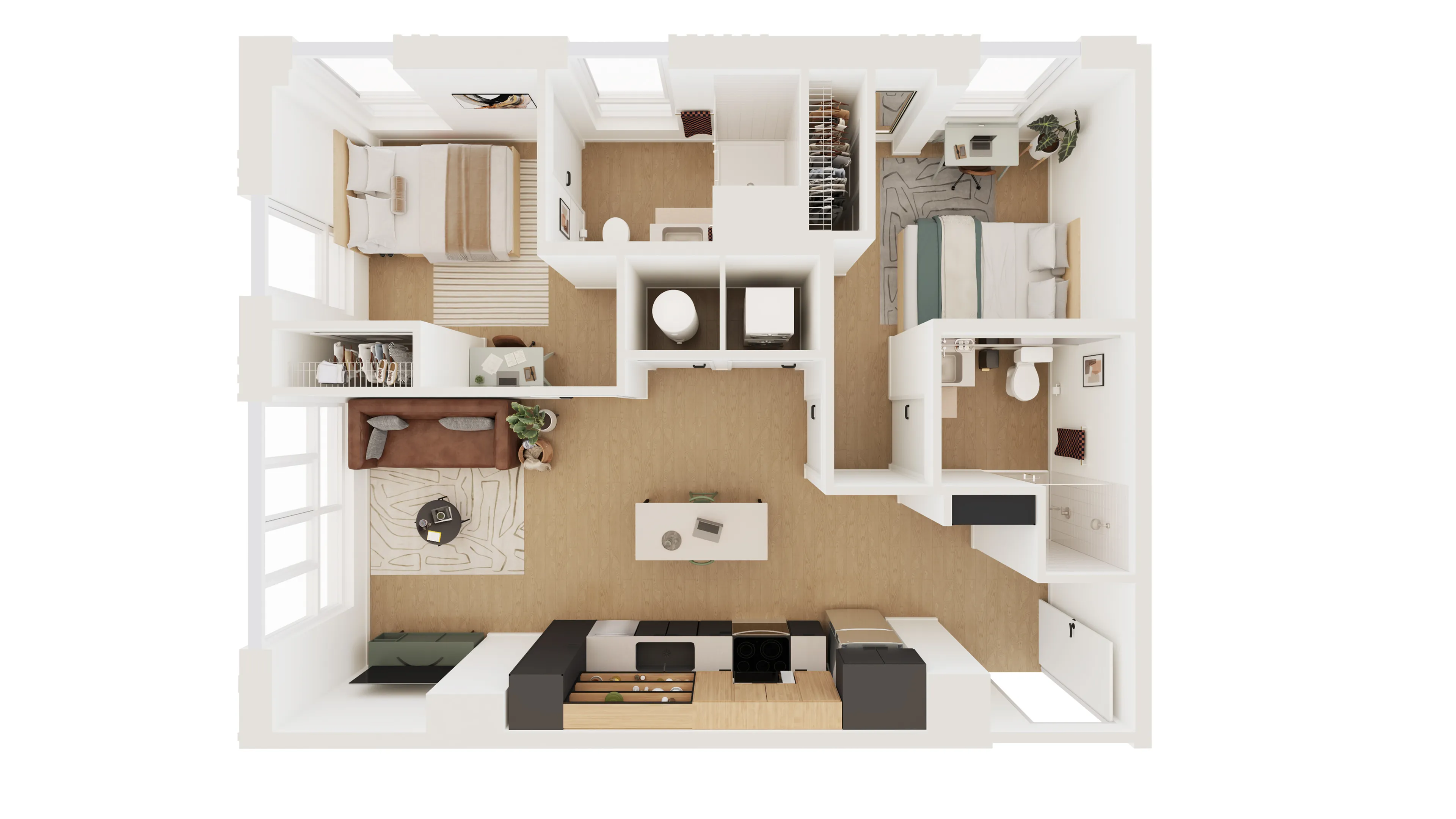 Elegant 2D floor plan showcasing a modern apartment with two bedrooms, a cozy living area, stylish kitchen, and two bathrooms.