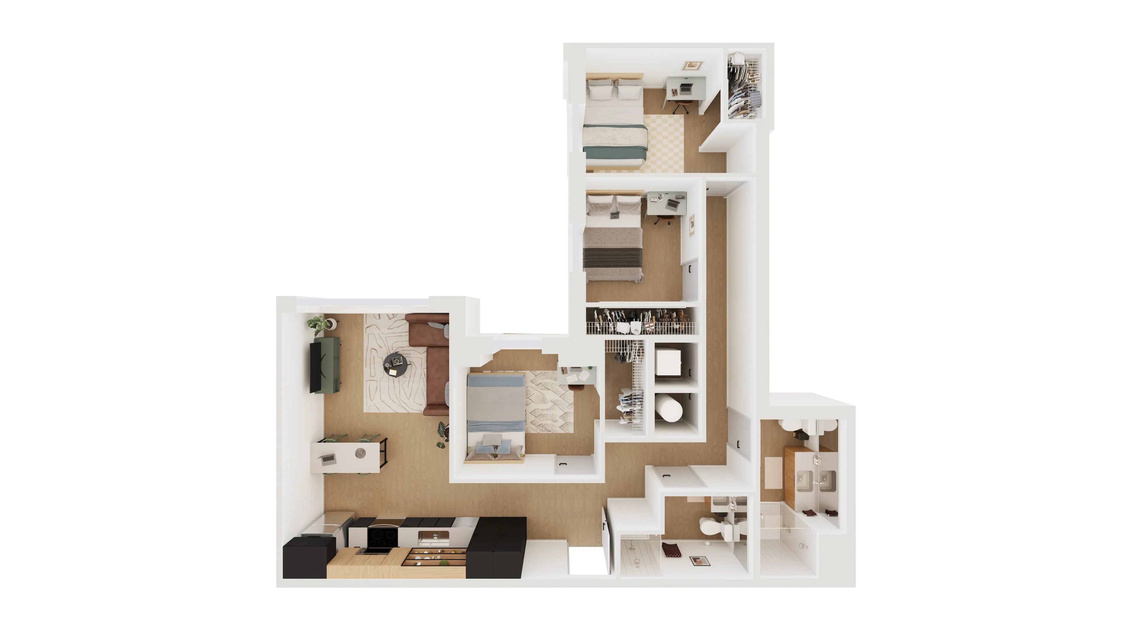 Modern L-shaped floor plan showcasing 3 bedrooms, an open living area, a sleek kitchen, and two bathrooms, ideal for comfortable city living.