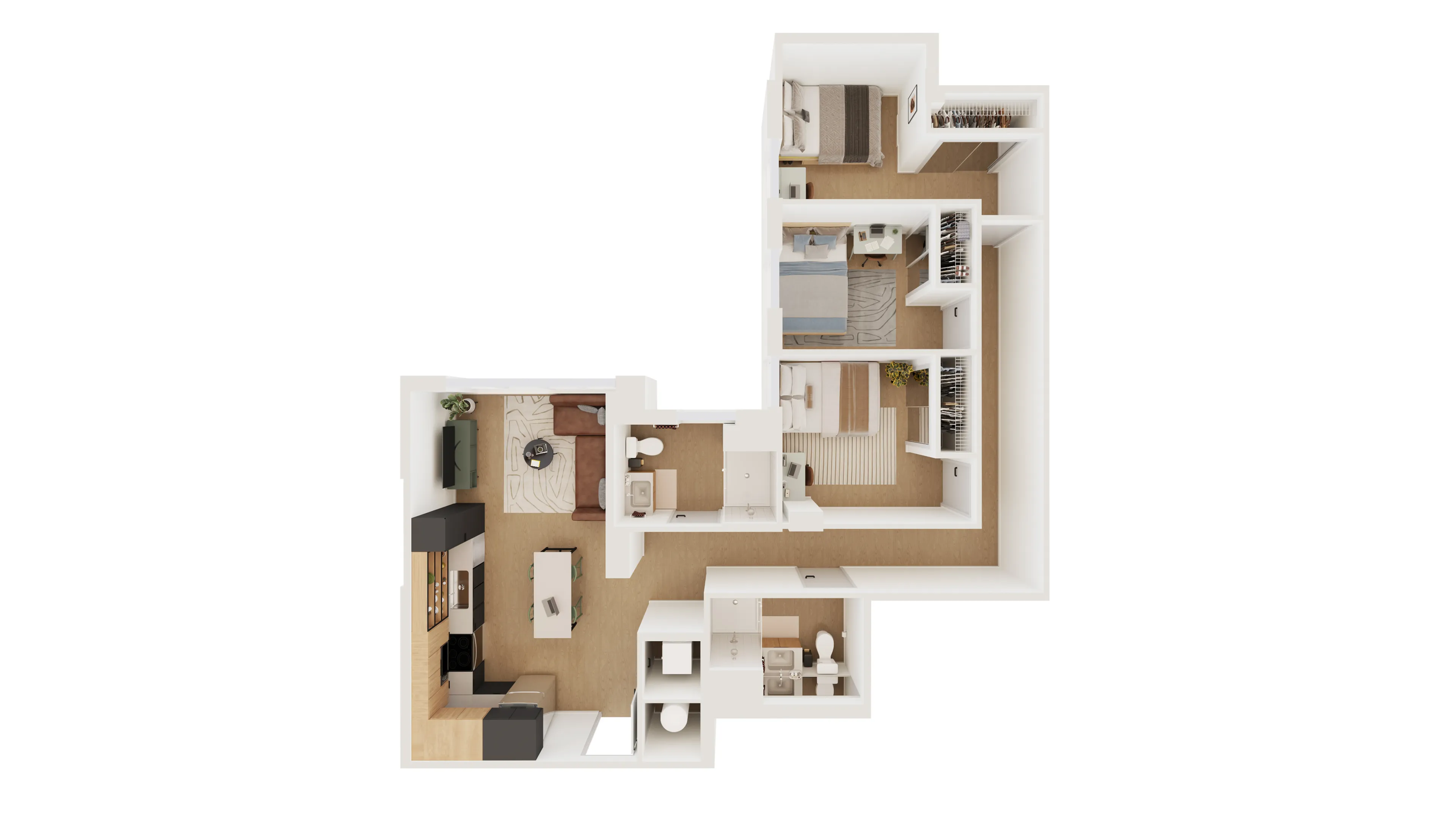 Modern 3D floor plan showcasing two cozy bedrooms, open-concept living and dining area, sleek kitchen, and two stylish bathrooms.