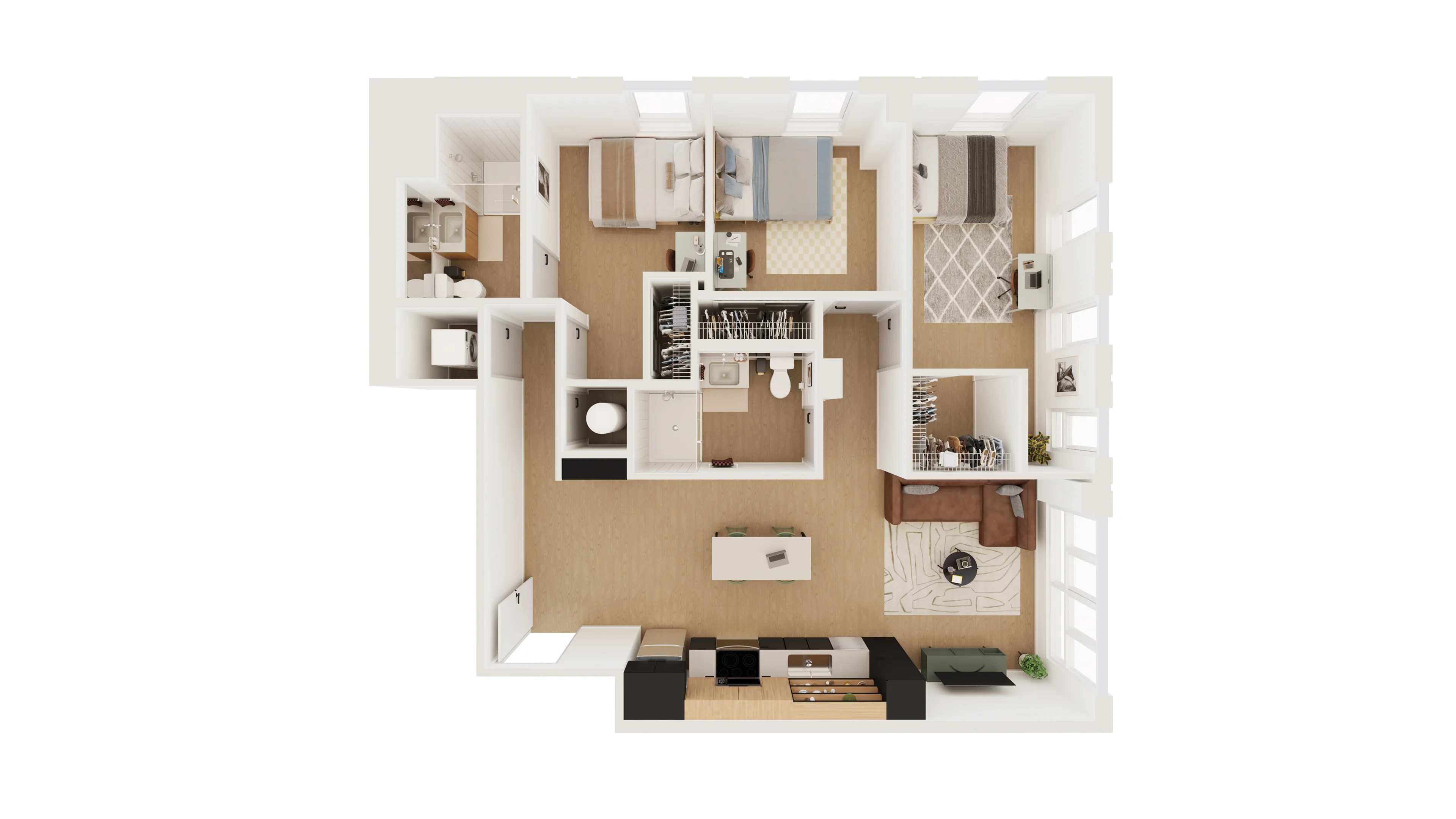 Modern apartment floor plan showcasing 3 bedrooms, open-concept living and dining area, sleek kitchen, and two bathrooms.