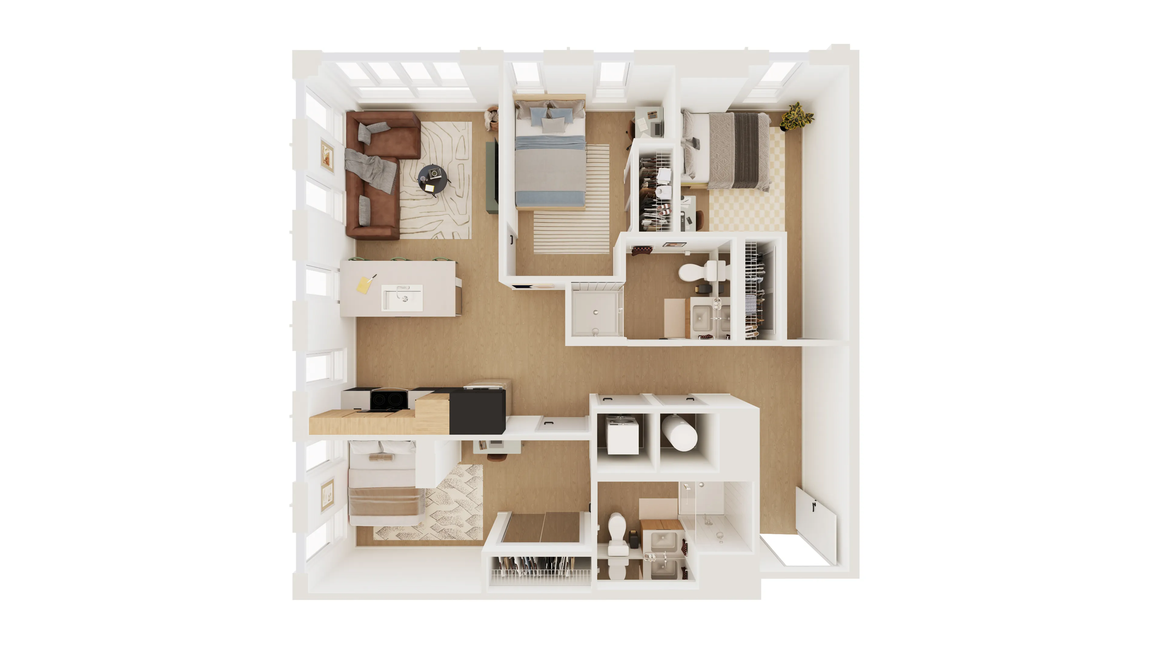 Contemporary 3D floor plan showcasing a spacious open-concept living area, two bedrooms, modern kitchen, and two bathrooms with abundant natural light.
