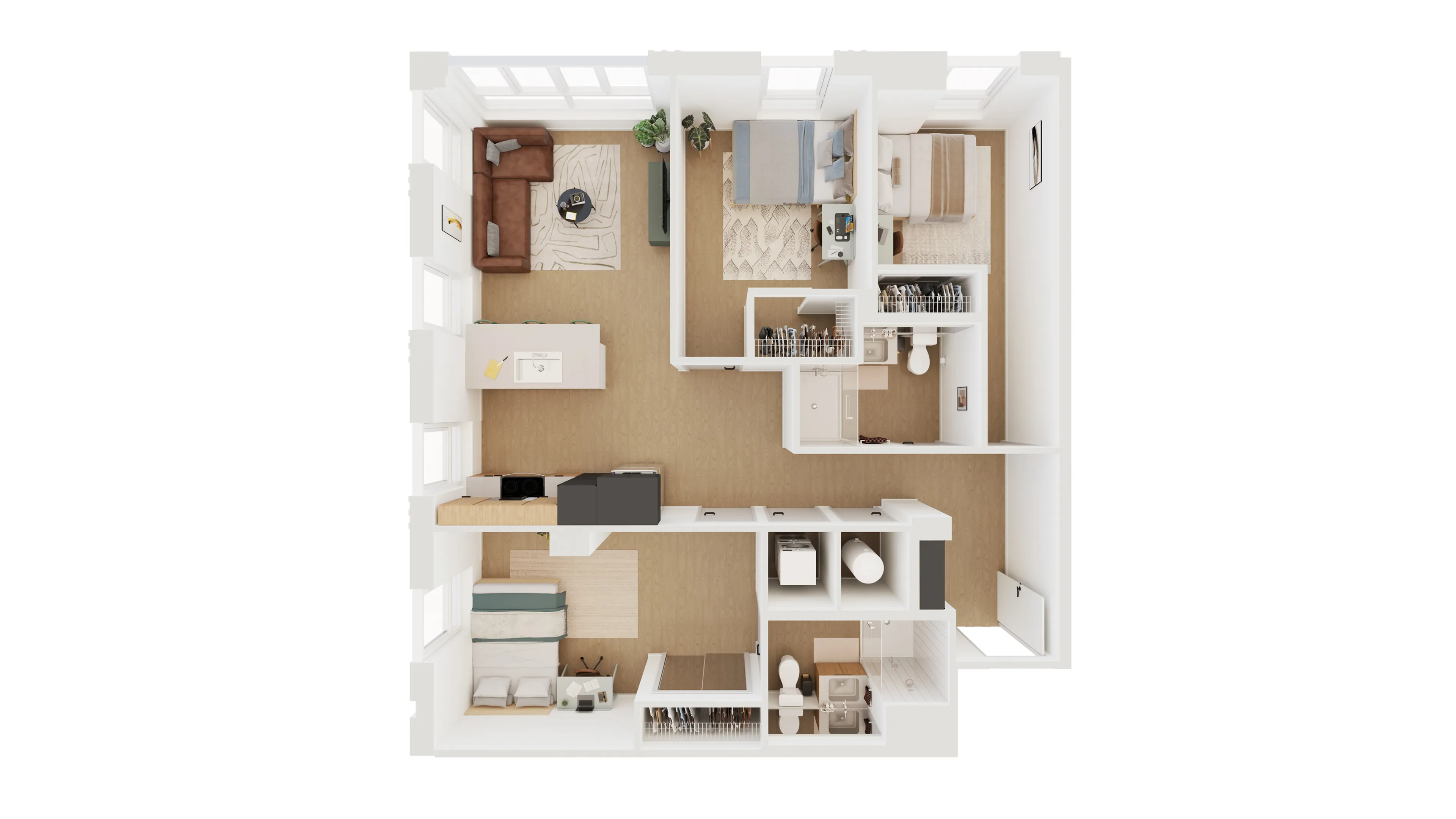 Spacious 3D floor plan showcasing two bedrooms, modern kitchen, cozy living area, and two bathrooms with sleek design.