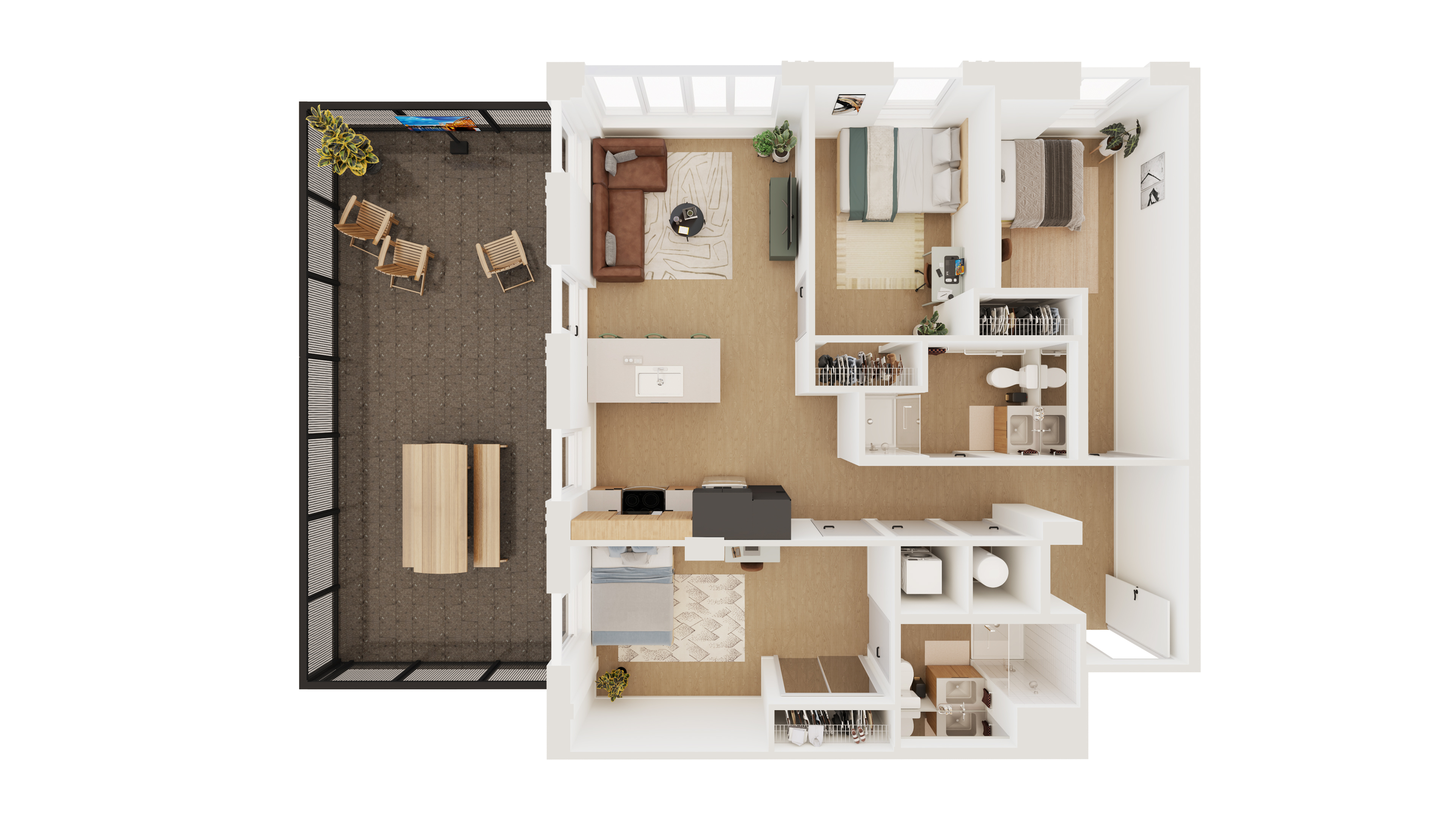 Modern 3D floor plan showcasing a stylish apartment with two bedrooms, an open-concept living and kitchen area, and a spacious balcony for outdoor dining.