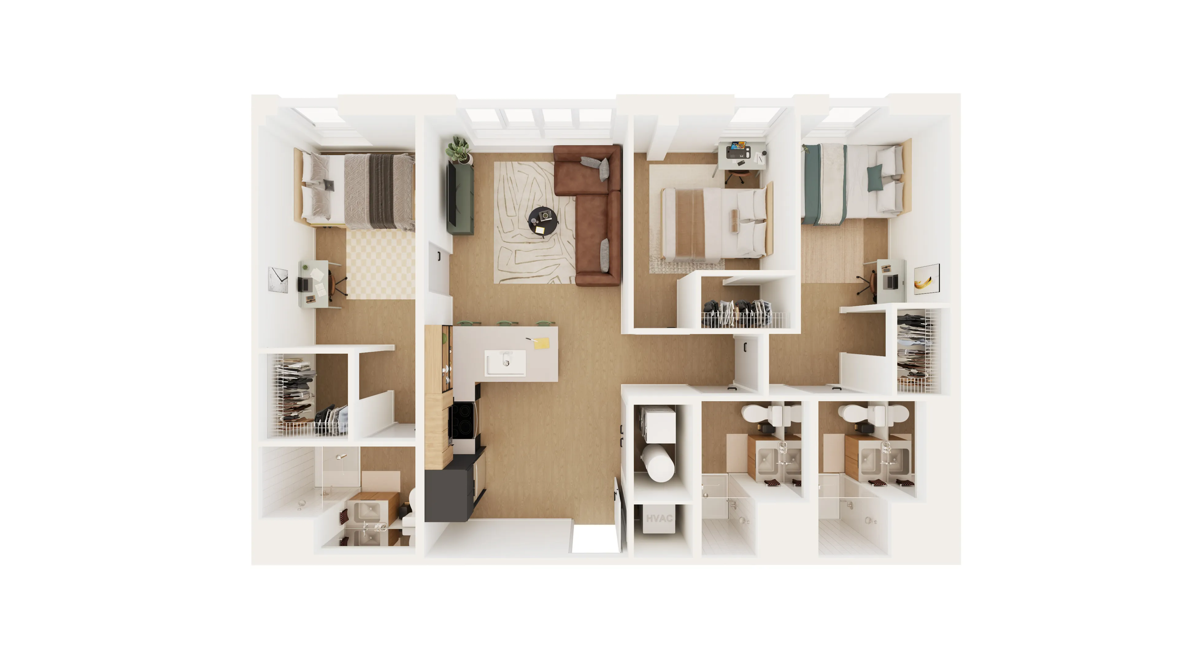 Modern 3D floor plan showcasing three bedrooms, open living room, sleek kitchen, and dual bathrooms with stylish finishes.