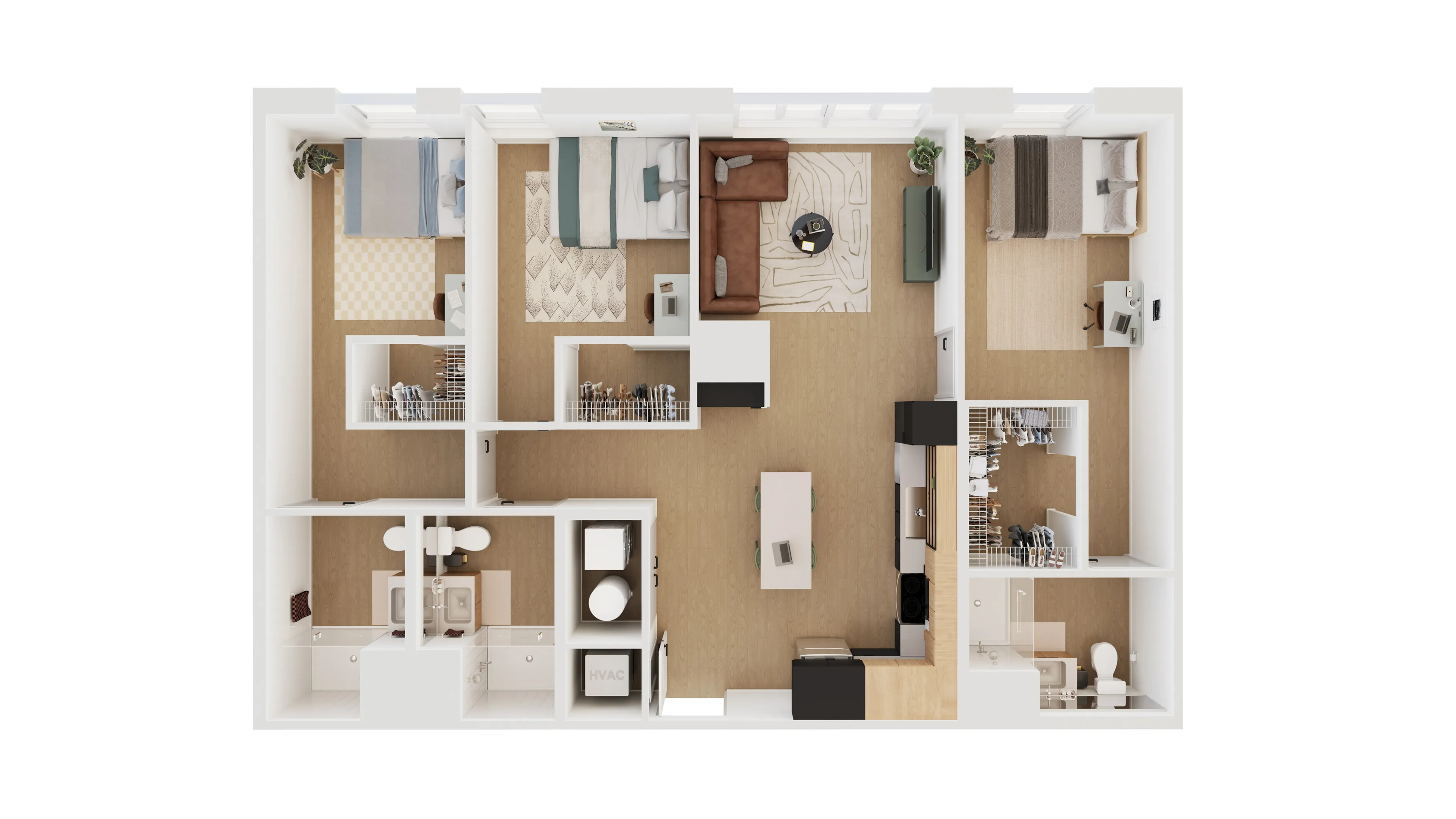 Modern 3D floor plan showcasing a spacious apartment with 3 bedrooms, a cozy living room, sleek kitchen, and two stylish bathrooms.