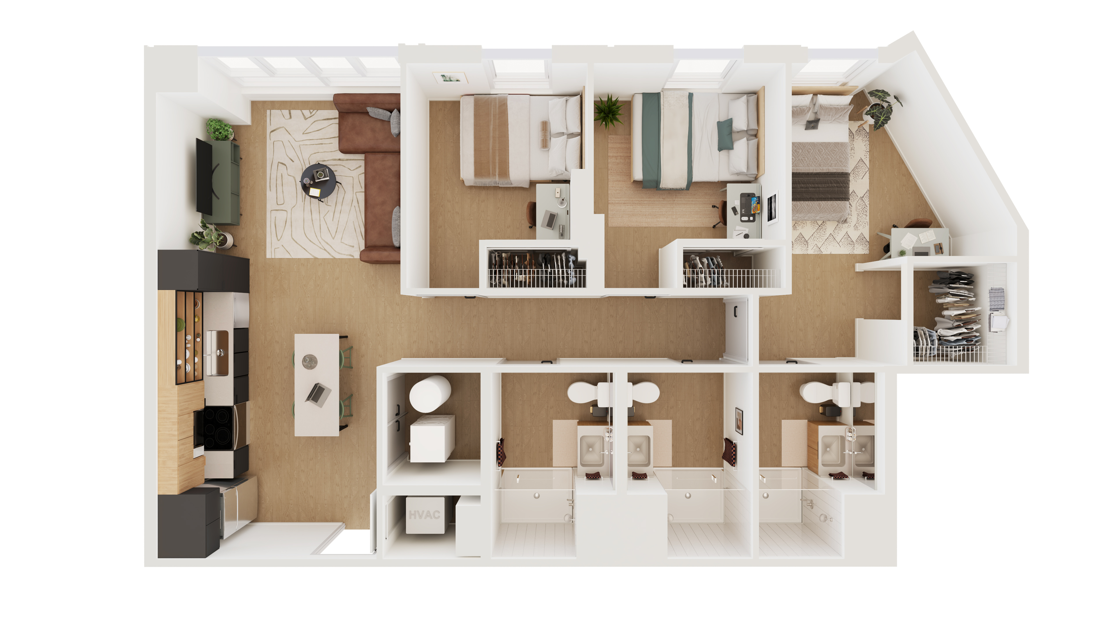 Spacious 3-bedroom floor plan featuring a modern kitchen, cozy living room, and dual bathrooms with ample storage.