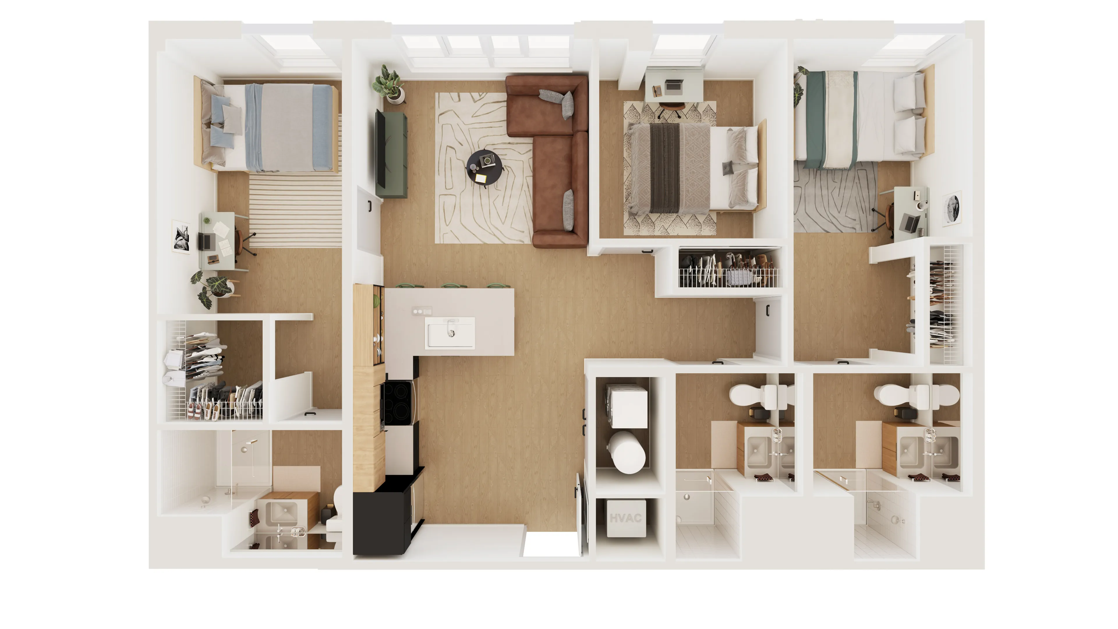 Elegant 3D floor plan featuring three bedrooms, a stylish living area with a cozy L-shaped sofa, modern kitchen with an island, and two bathrooms. Perfect for family living with ample closet space and natural light.
