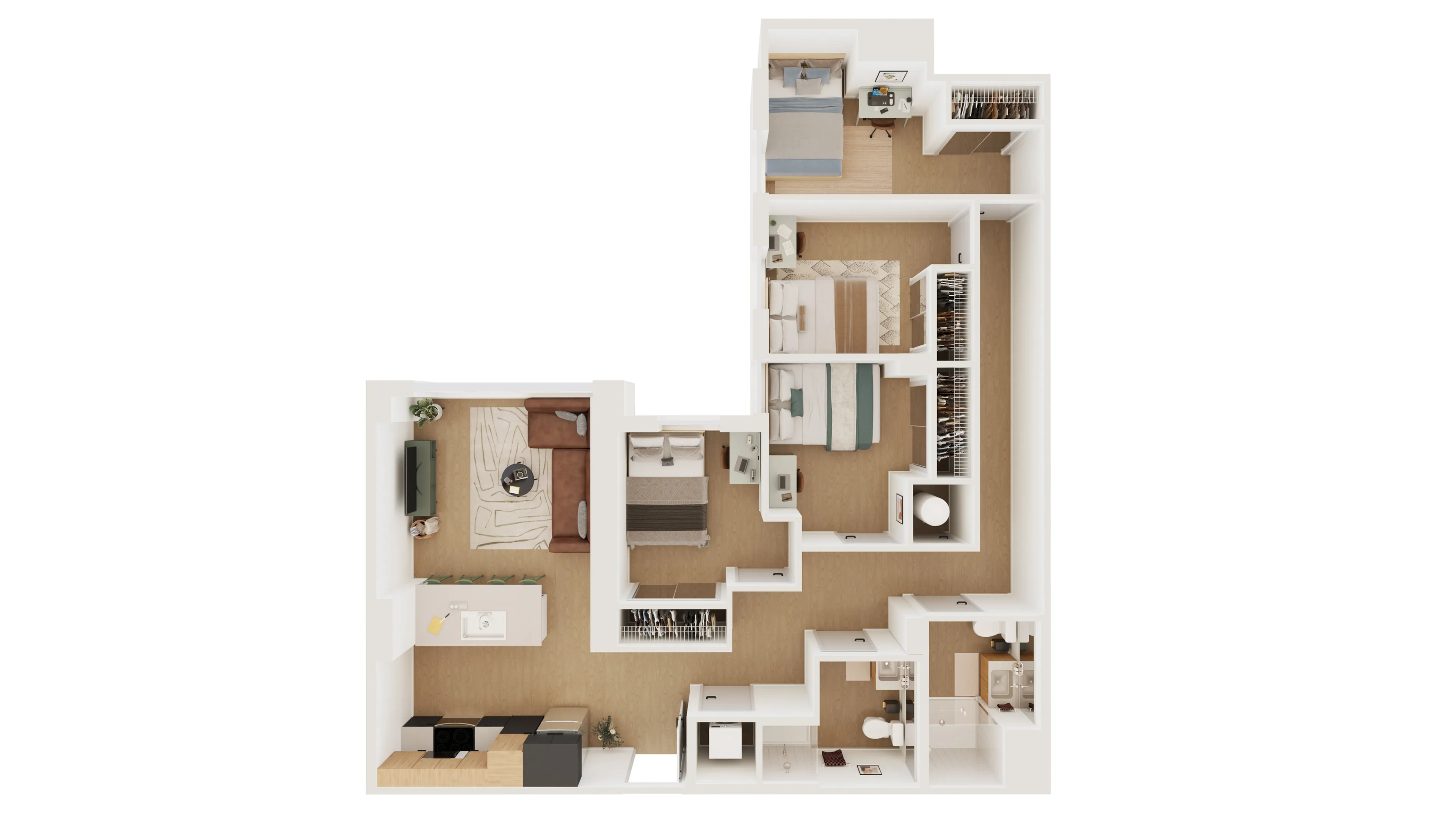 Modern 3-bedroom apartment floor plan with open-concept kitchen and living area, featuring ample storage and stylish design.